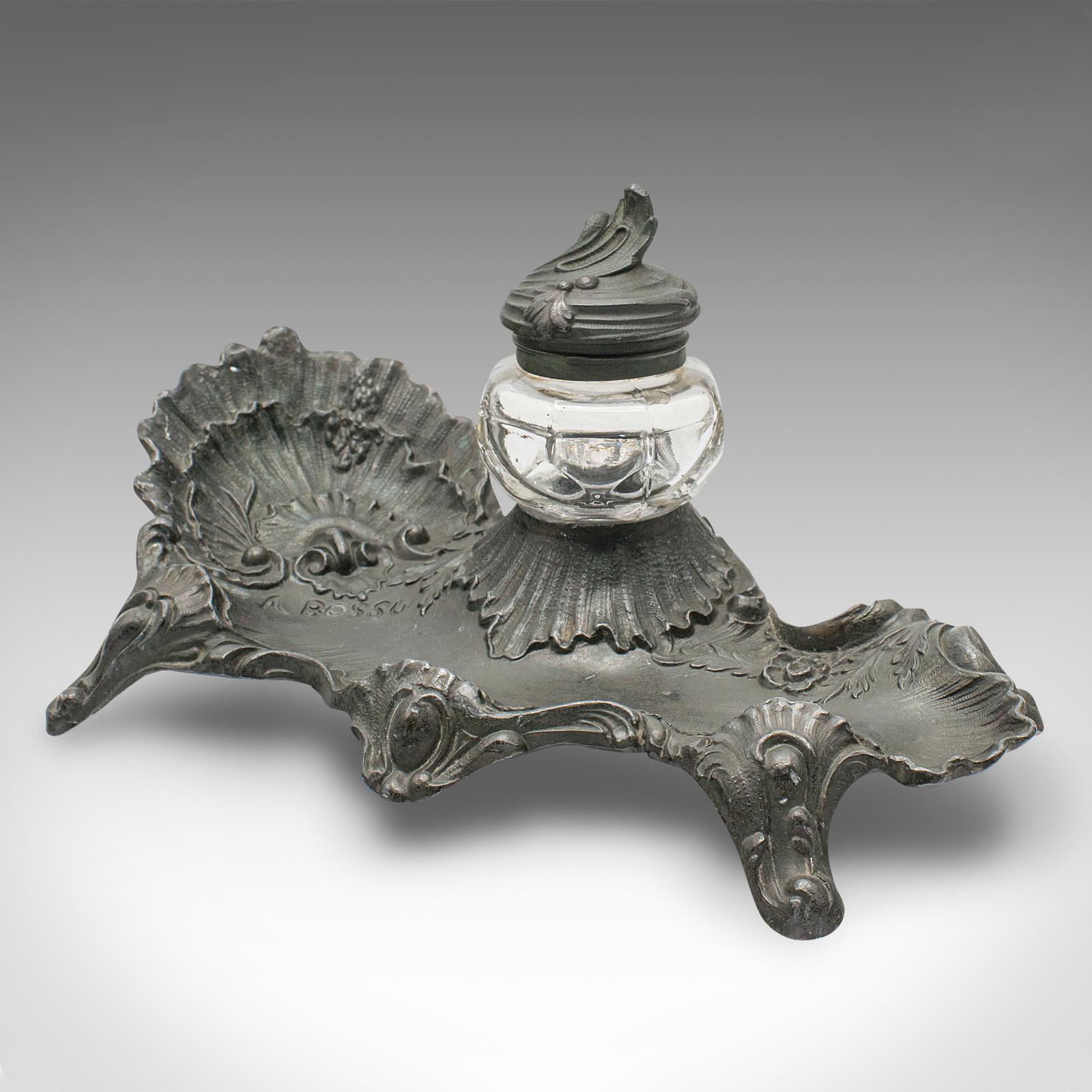 Late Victorian Antique Art Nouveau Ink Well, French, Pewter, Decorative Pen Tray, Victorian For Sale