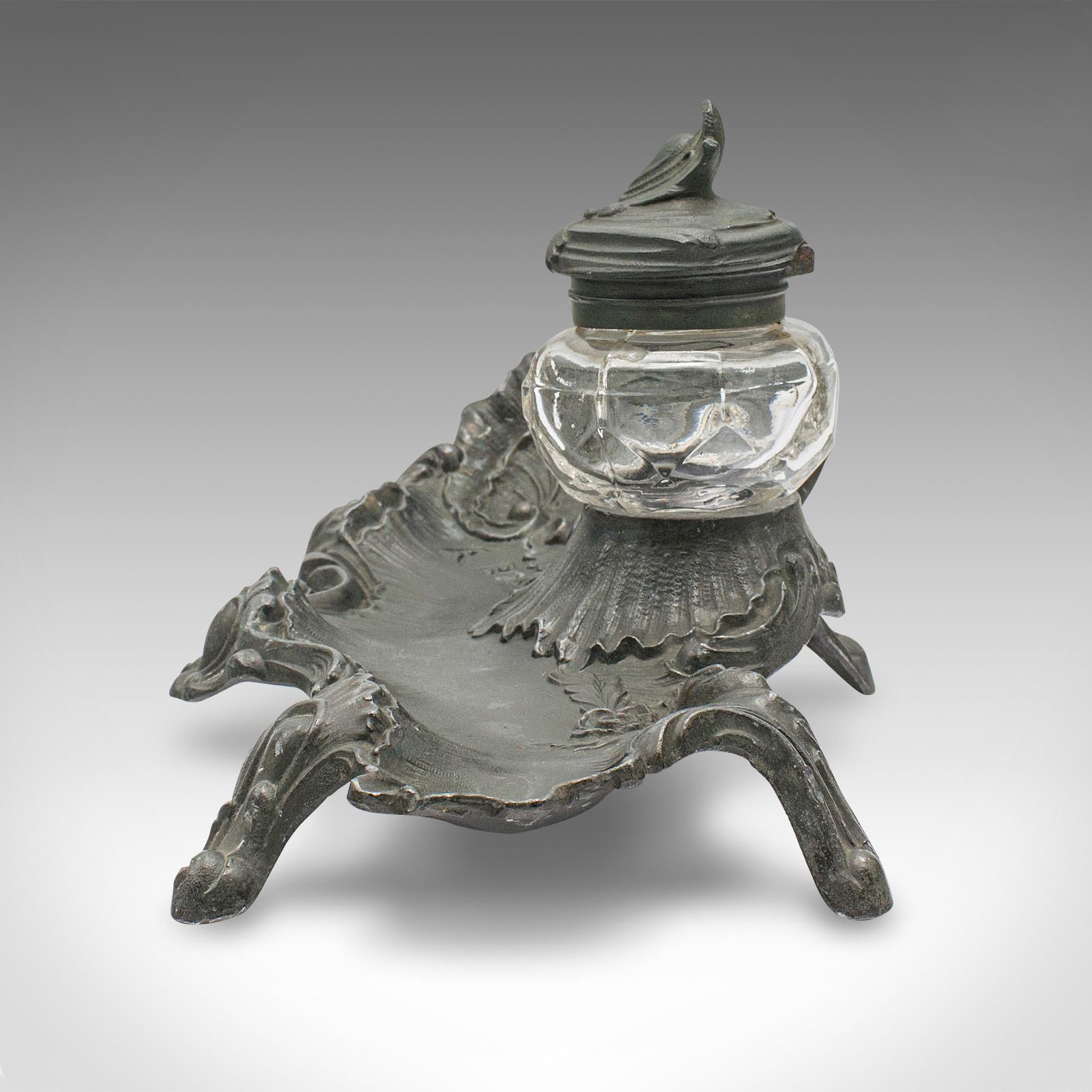 19th Century Antique Art Nouveau Ink Well, French, Pewter, Decorative Pen Tray, Victorian For Sale