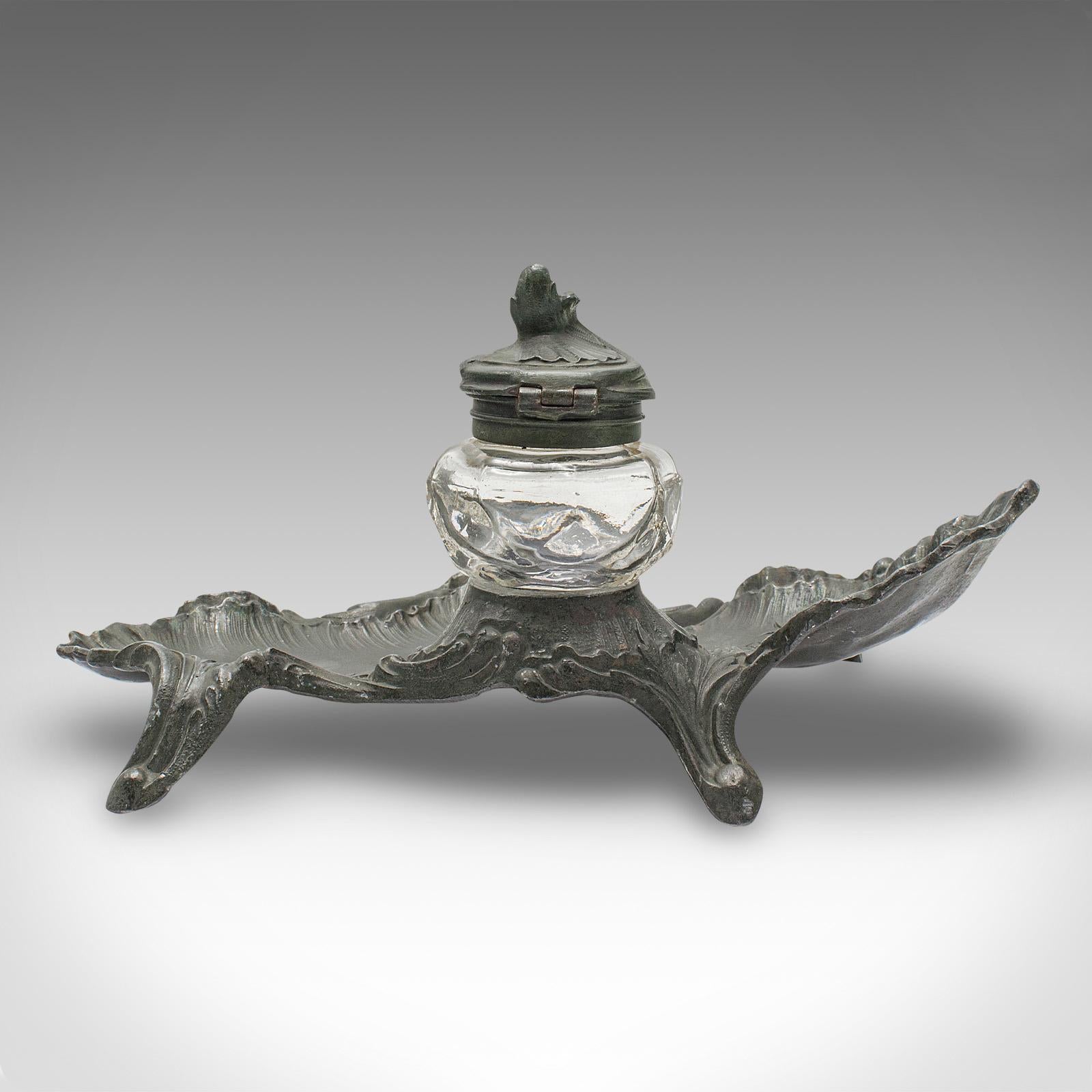 Glass Antique Art Nouveau Ink Well, French, Pewter, Decorative Pen Tray, Victorian For Sale