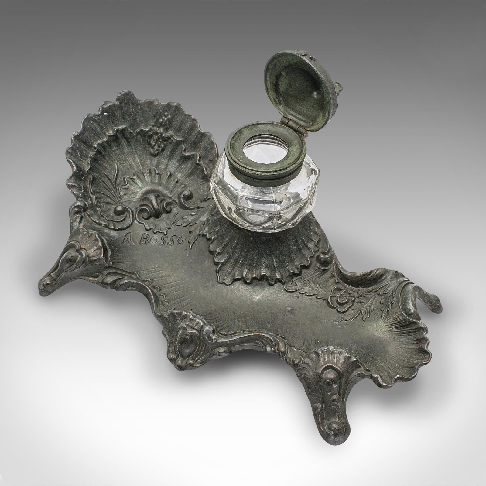 Antique Art Nouveau Ink Well, French, Pewter, Decorative Pen Tray, Victorian For Sale 1