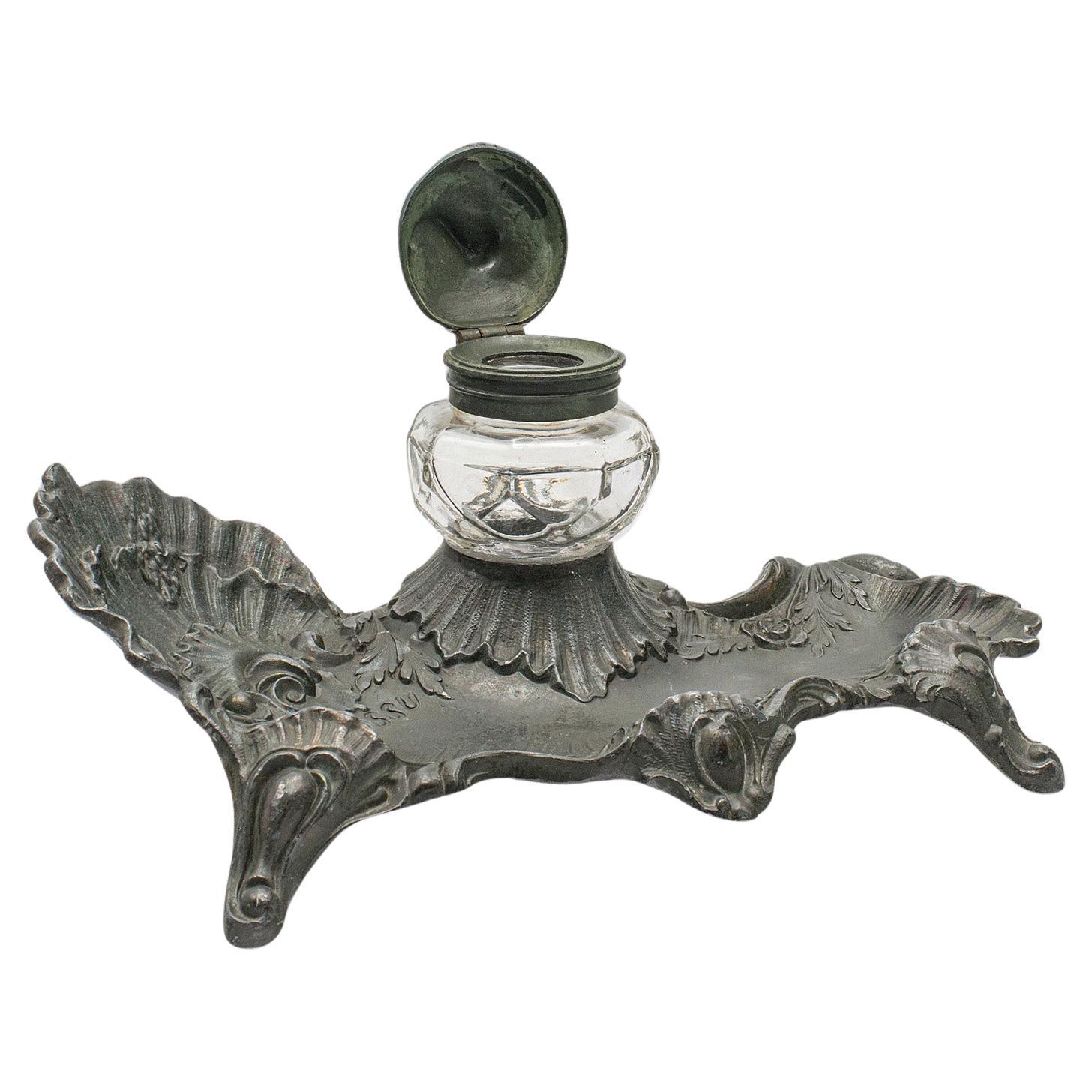 Antique Art Nouveau Ink Well, French, Pewter, Decorative Pen Tray, Victorian