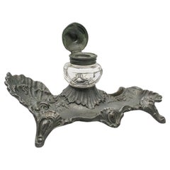Antiguo Tintero Art Nouveau, Francés, Estaño, Bandeja Decorativa para Bolígrafos, Victoriano