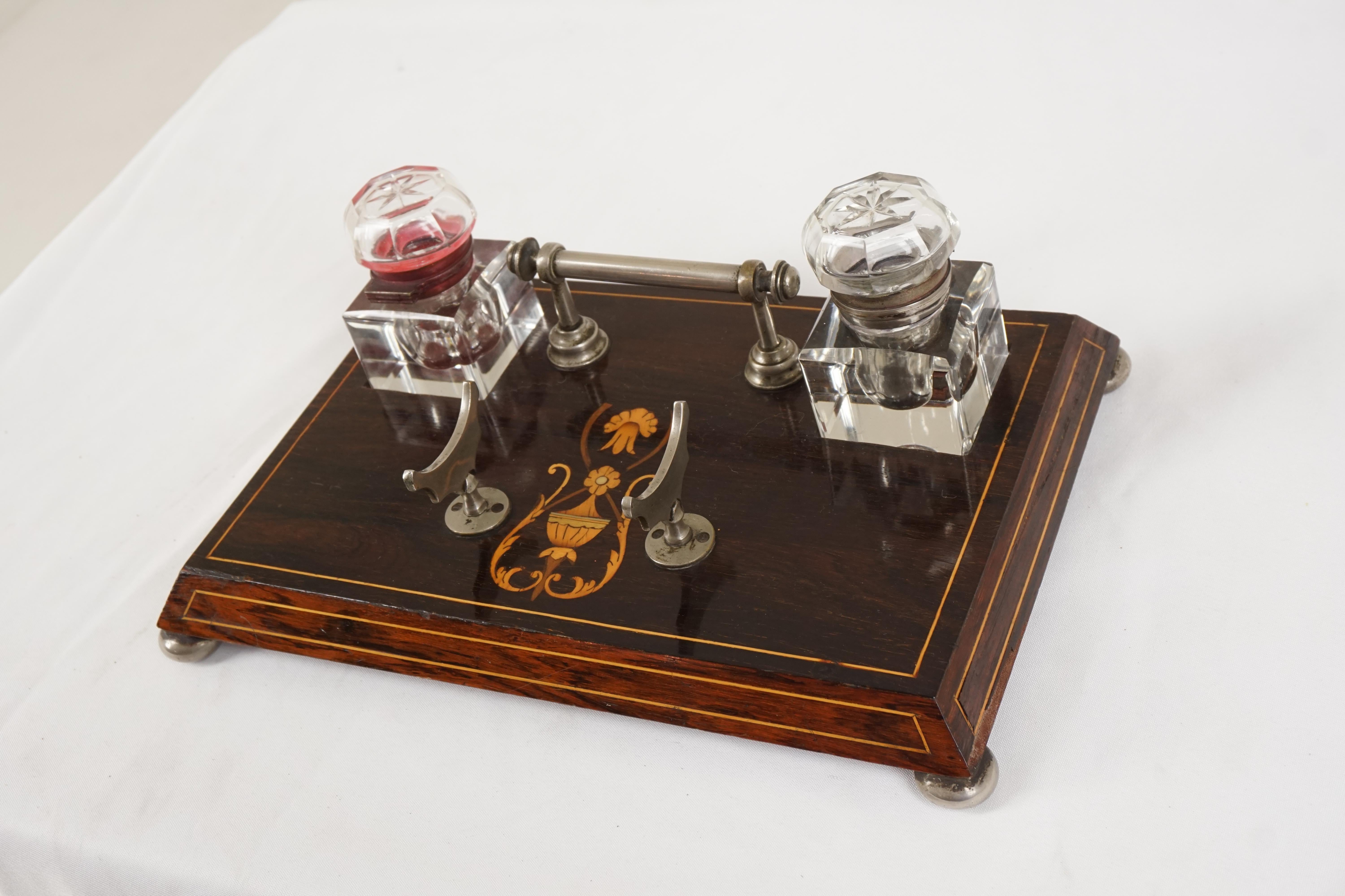 Antique Art Nouveau inkstand, Wood + kingwood inlaid, Scotland 1900, H627

Scotland 1900
Wood + kingwood
Pair of two crystal inkwells and lids with metal handles and a pen rest
Inlaid top
Satinwood inlaid stringing around the top and sides
All