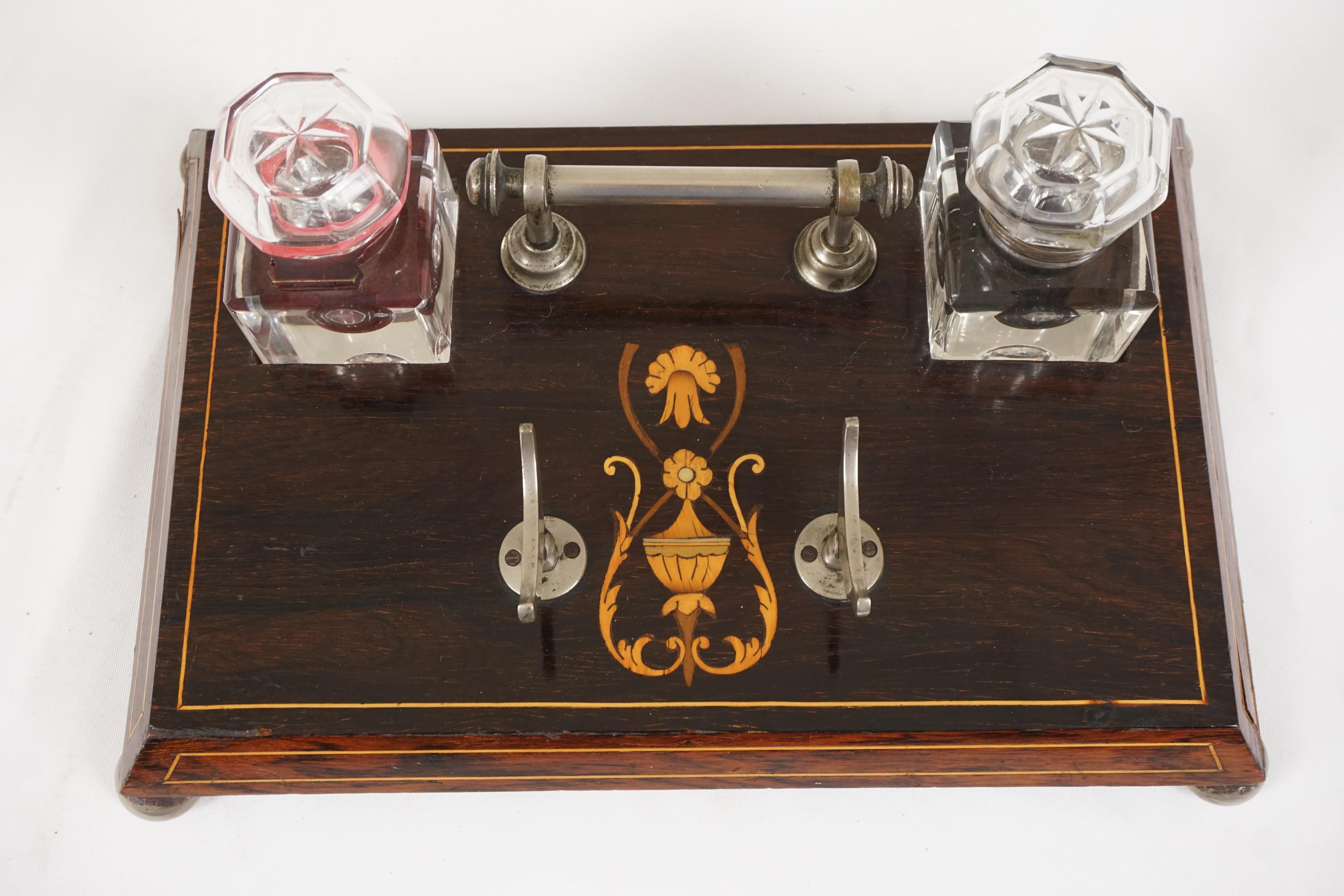 Hand-Crafted Antique Art Nouveau Inkstand, Wood + Kingwood Inlaid, Scotland, 1900 For Sale