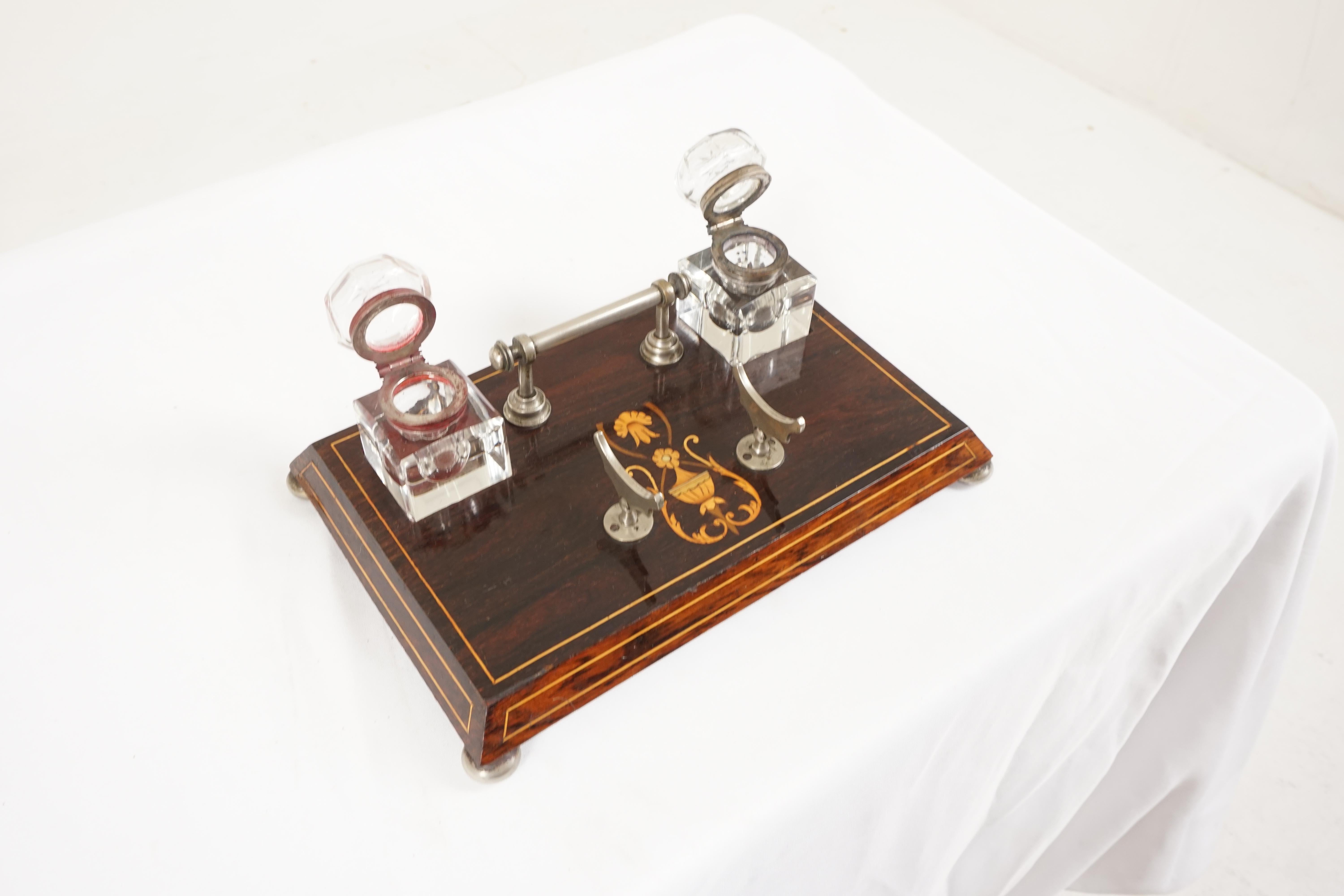 Antique Art Nouveau Inkstand, Wood + Kingwood Inlaid, Scotland, 1900 In Good Condition For Sale In Vancouver, BC