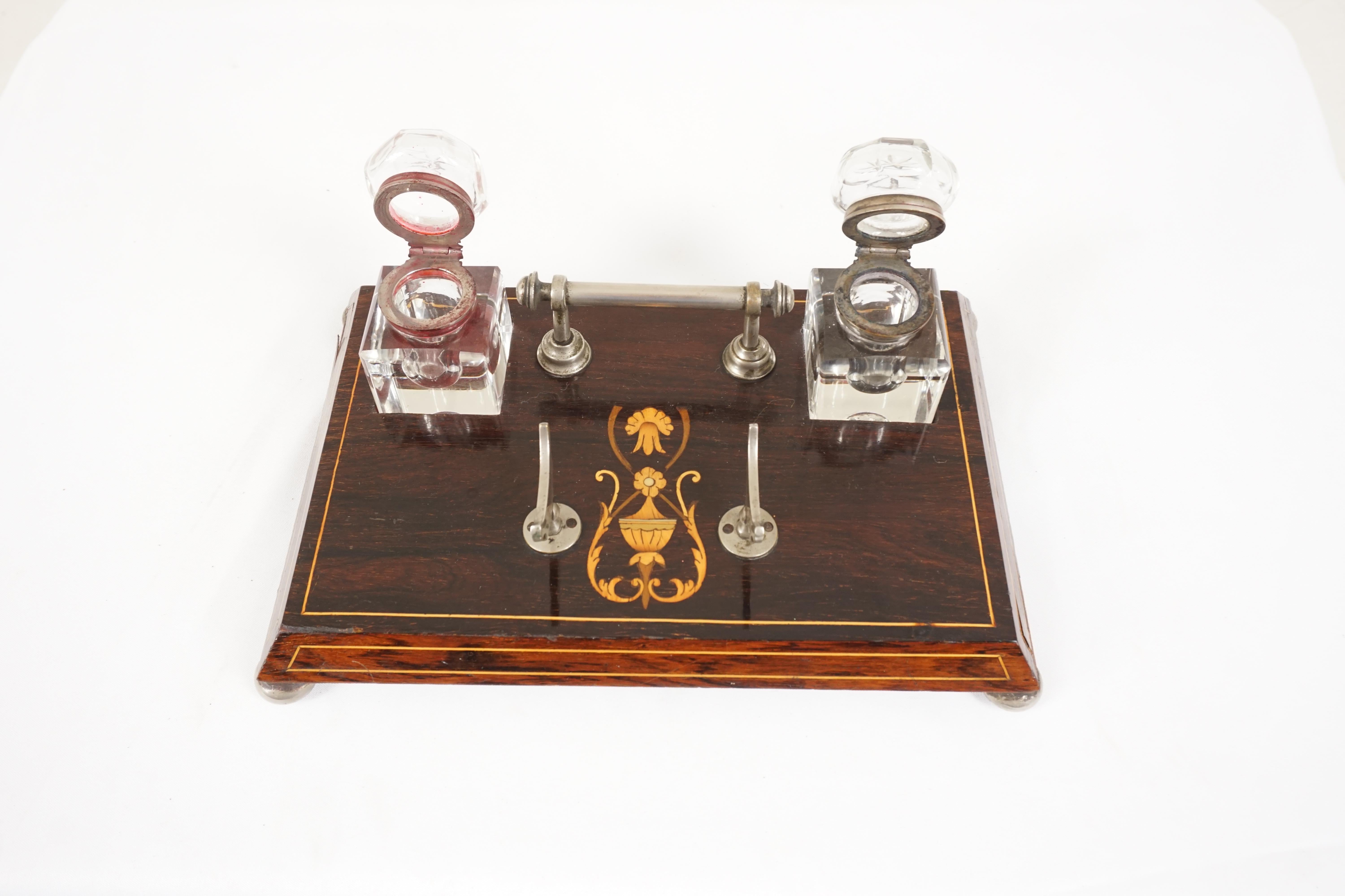 Early 20th Century Antique Art Nouveau Inkstand, Wood + Kingwood Inlaid, Scotland, 1900 For Sale