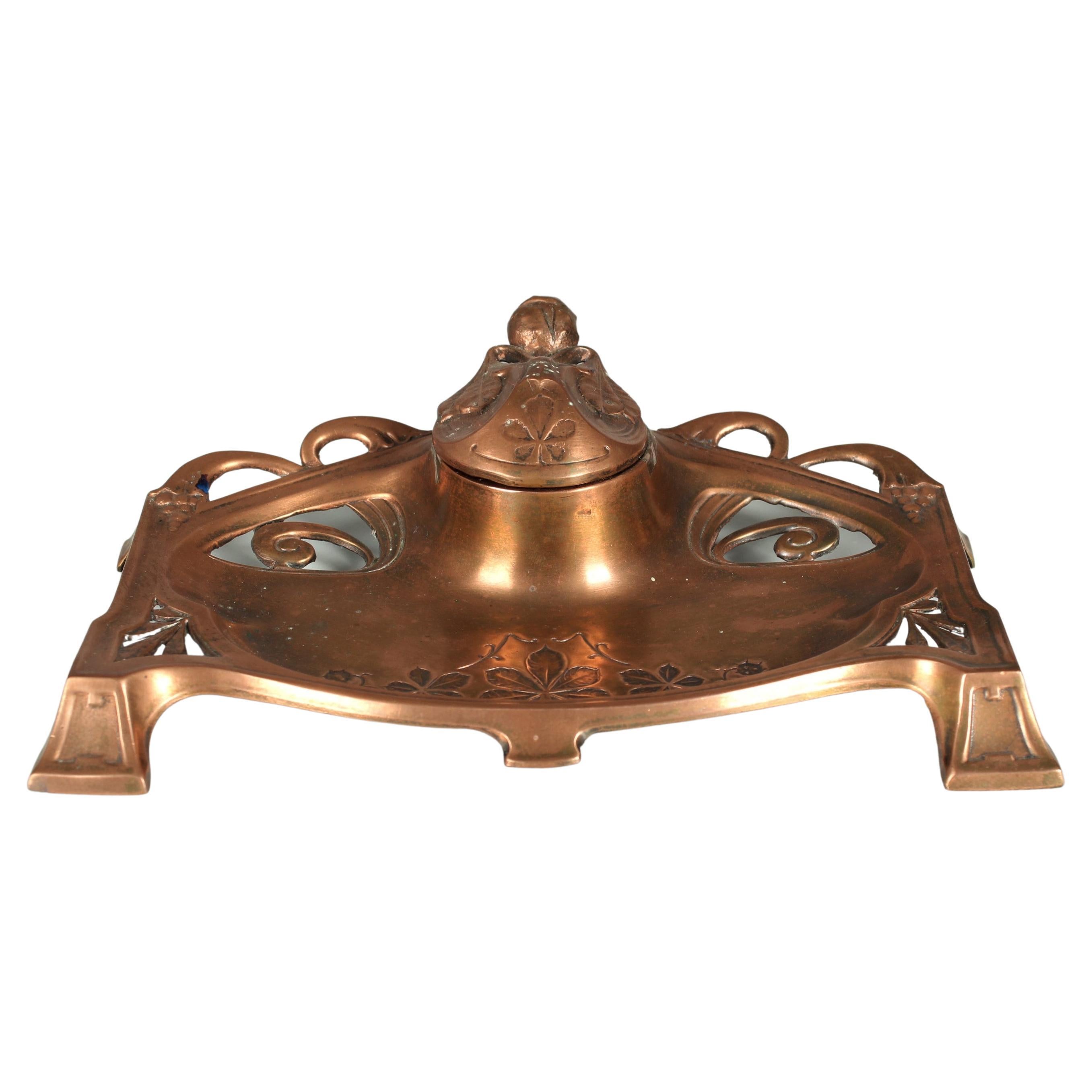 Antique Art Nouveau Inkwell, Bronze, Desk Utensil, Pen Tray, Belle Epoche