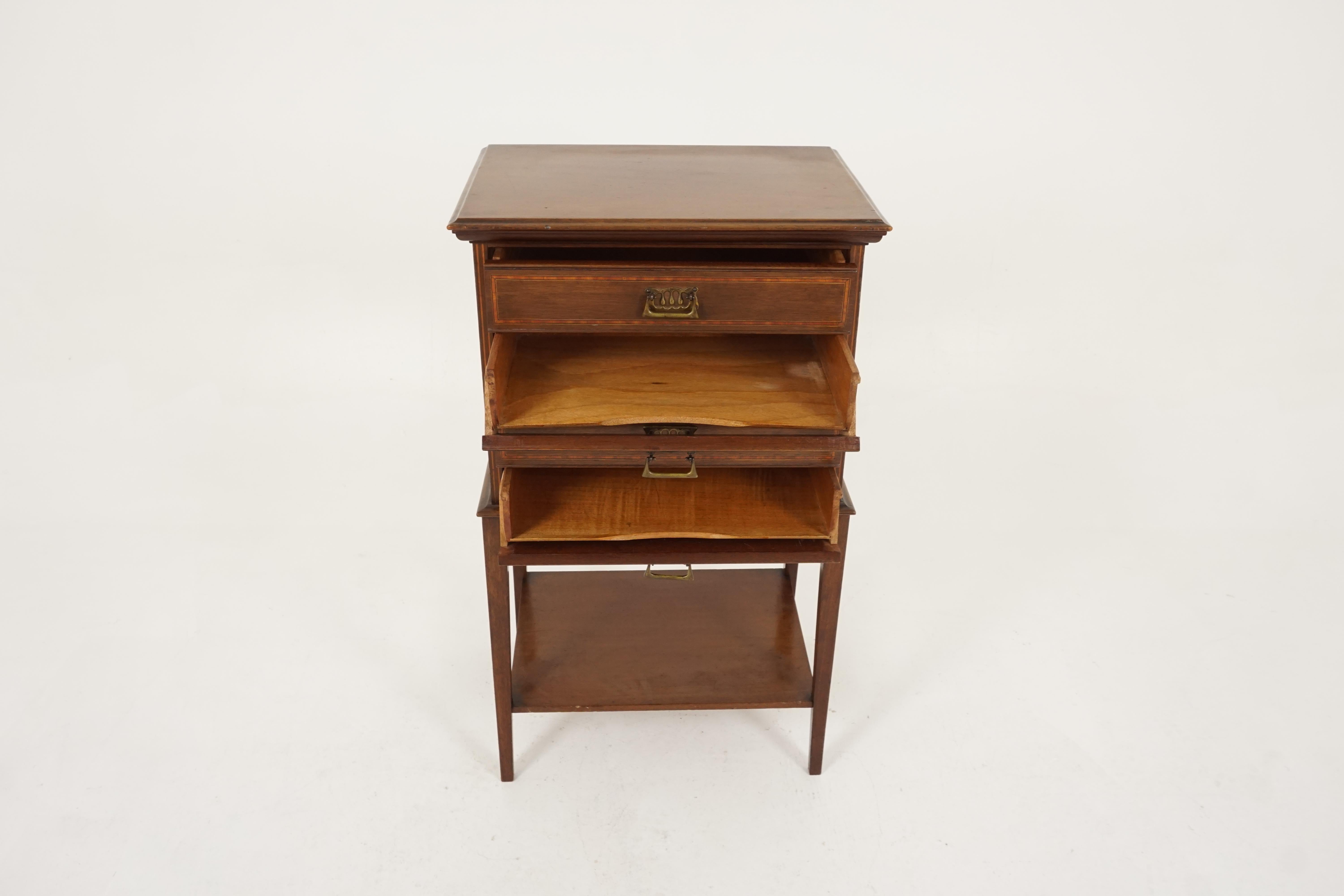 Antique Art Nouveau, inlaid mahogany, 4-drawer music/filing cabinet,1910, B2149

Scotland, 1910
Solid mahogany, veneer
Original finish
Rectangular moulded top
Set of 4 drop front inlaid drawers
Original Art Nouveau hardware
Shaped apron on