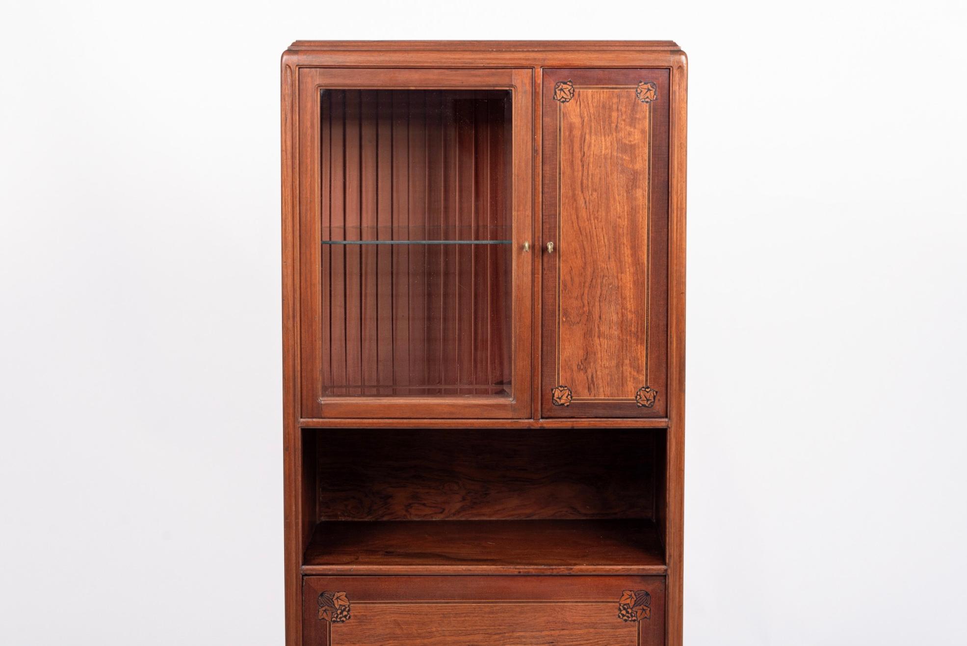 20th Century Antique Art Nouveau Inlaid Wooden Cabinet by Majorelle, France, Signed For Sale