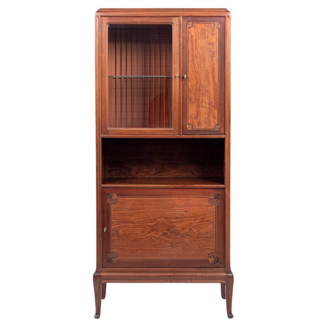 Antique Art Nouveau Inlaid Wooden Cabinet by Majorelle, France, Signed For Sale