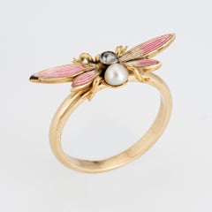 Antique Art Nouveau Insect Ring Conversion 14k Yellow Gold Enamel Pearl Diamond