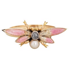 Antique Art Nouveau Insect Ring Conversion 14k Yellow Gold Enamel Pearl Diamond