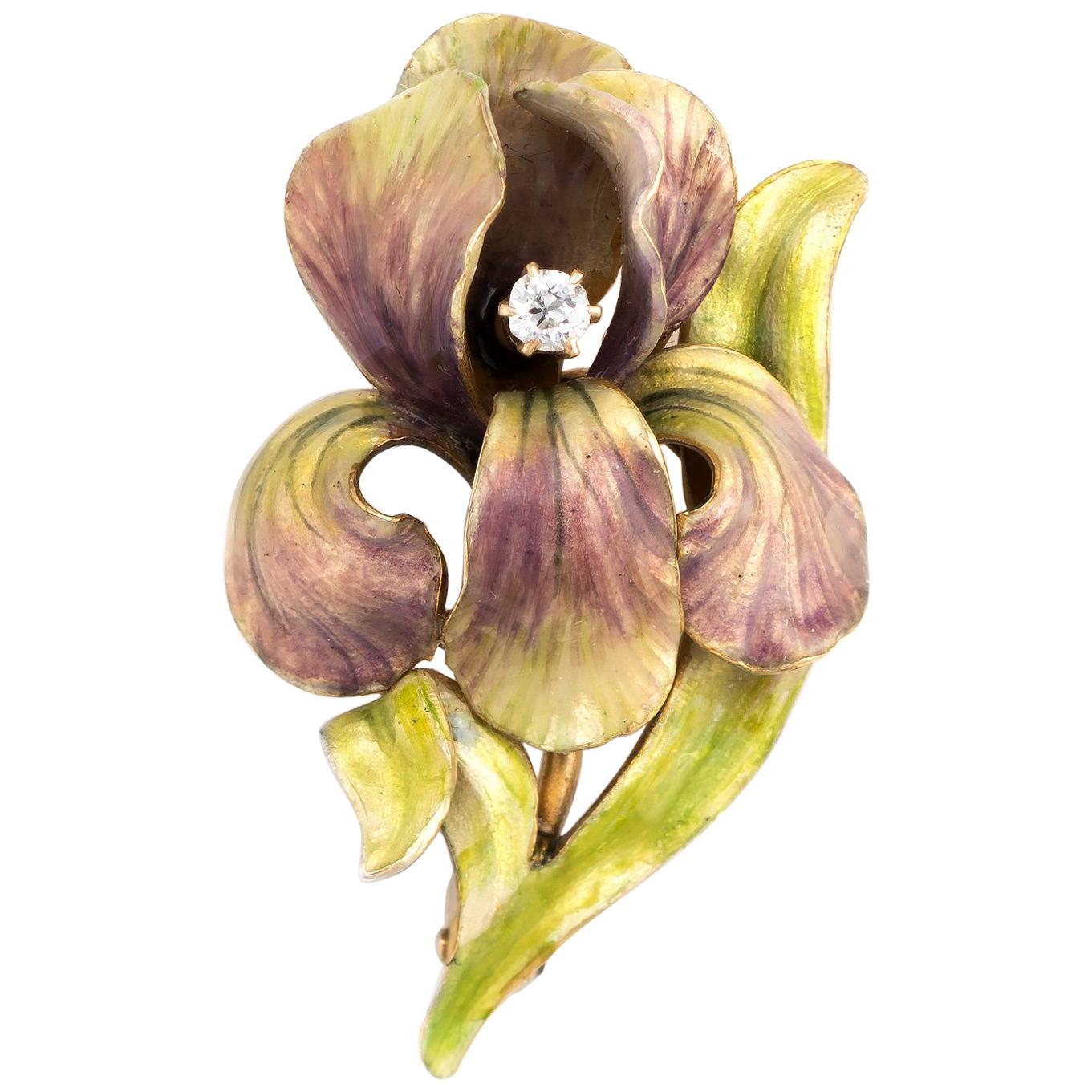 Antique Art Nouveau Iris Enamel Brooch Diamond 14 Karat Gold Vintage Flower