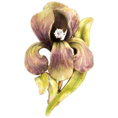Antique Art Nouveau Iris Enamel Brooch Diamond 14 Karat Gold Vintage Flower