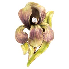 Antique Art Nouveau Iris Enamel Brooch Diamond 14k Yellow Gold Vintage Flower 