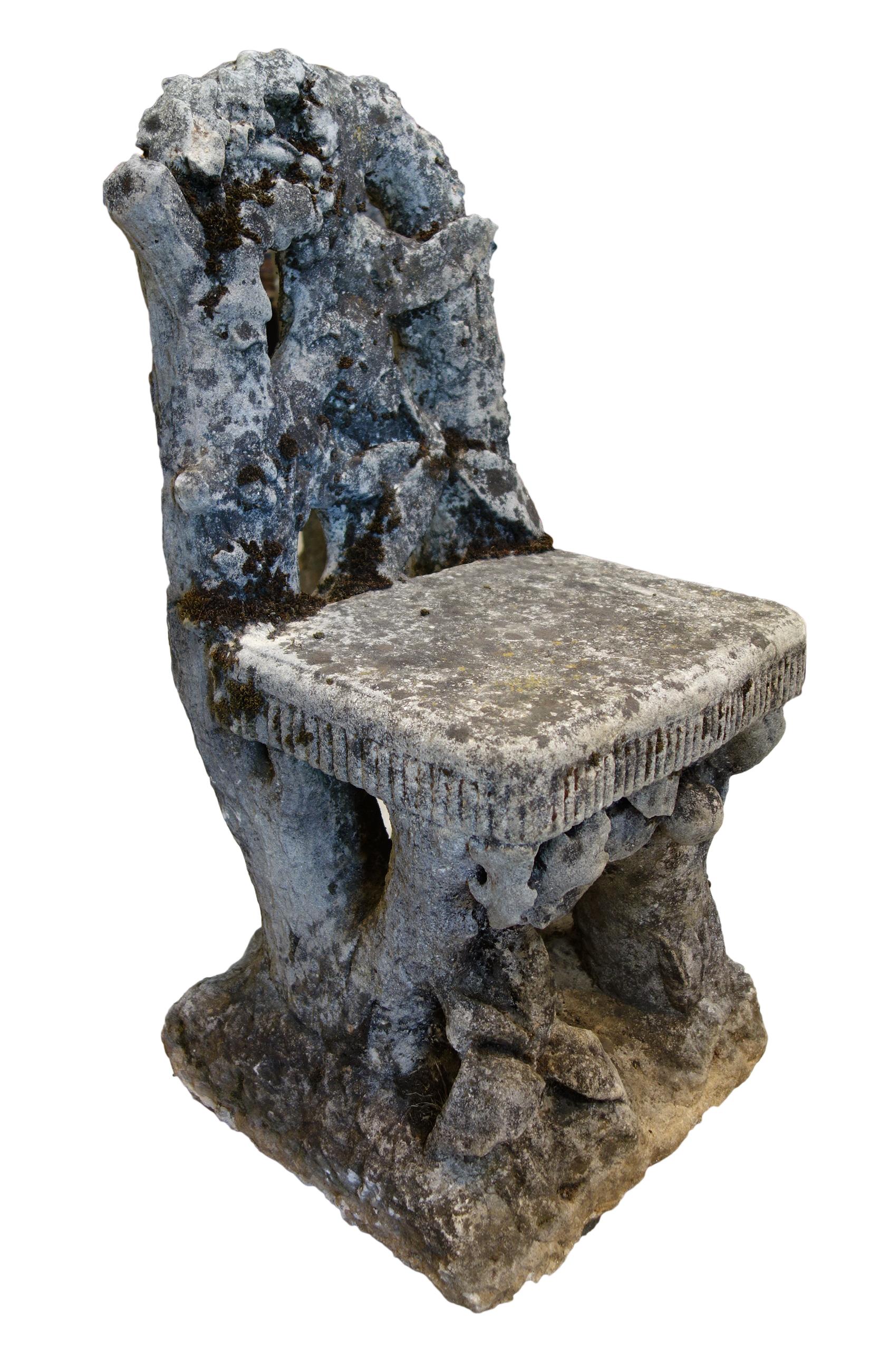 Antique Art Nouveau Italian Garden Carved Stone Faux Bois Bench & Pair of Chairs 10
