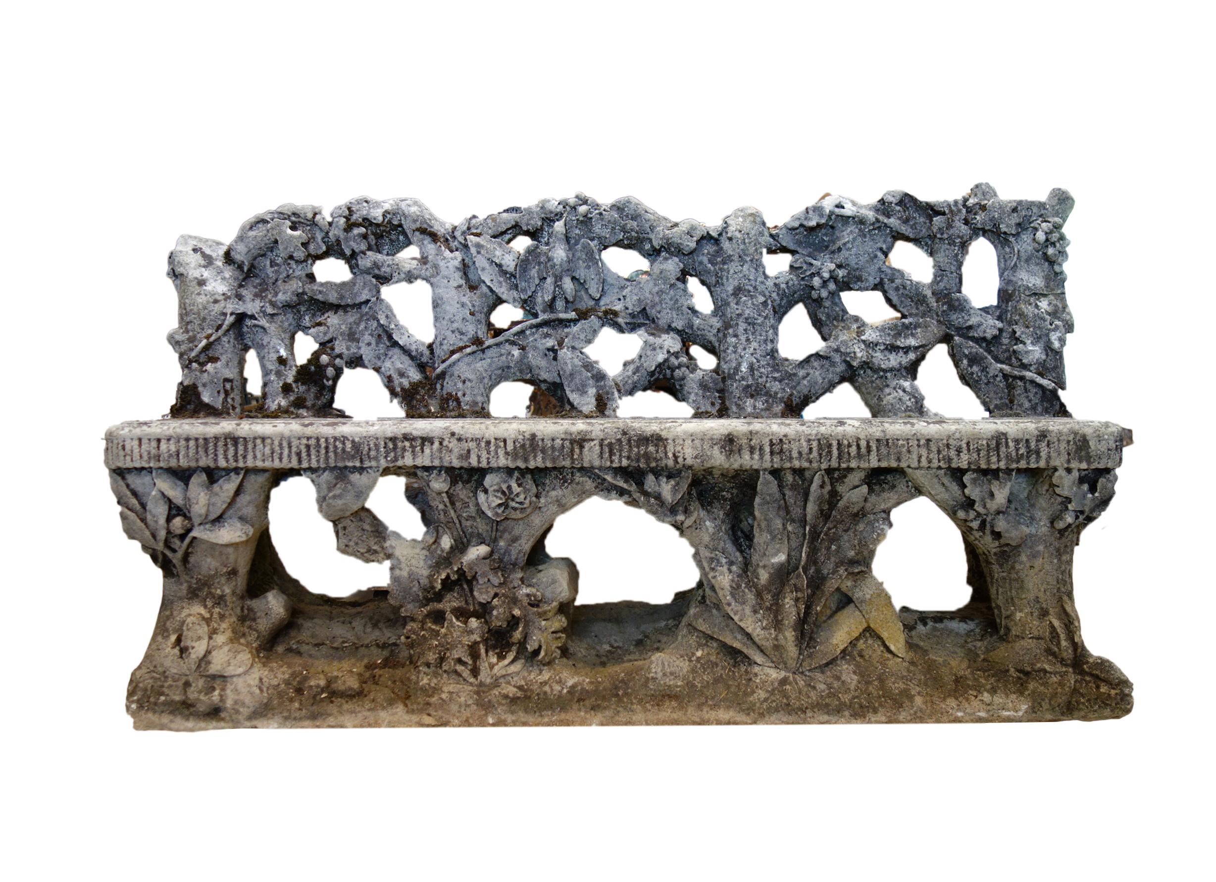 From an enchanted era - a rare Italian Garden faux bois bench & two chair set sculpted in Vicenza stone. Branched lattice backs with vines & berries, a songbird & hidden nest, shaped seats with softened & dentilated edges, foliage covered truncate