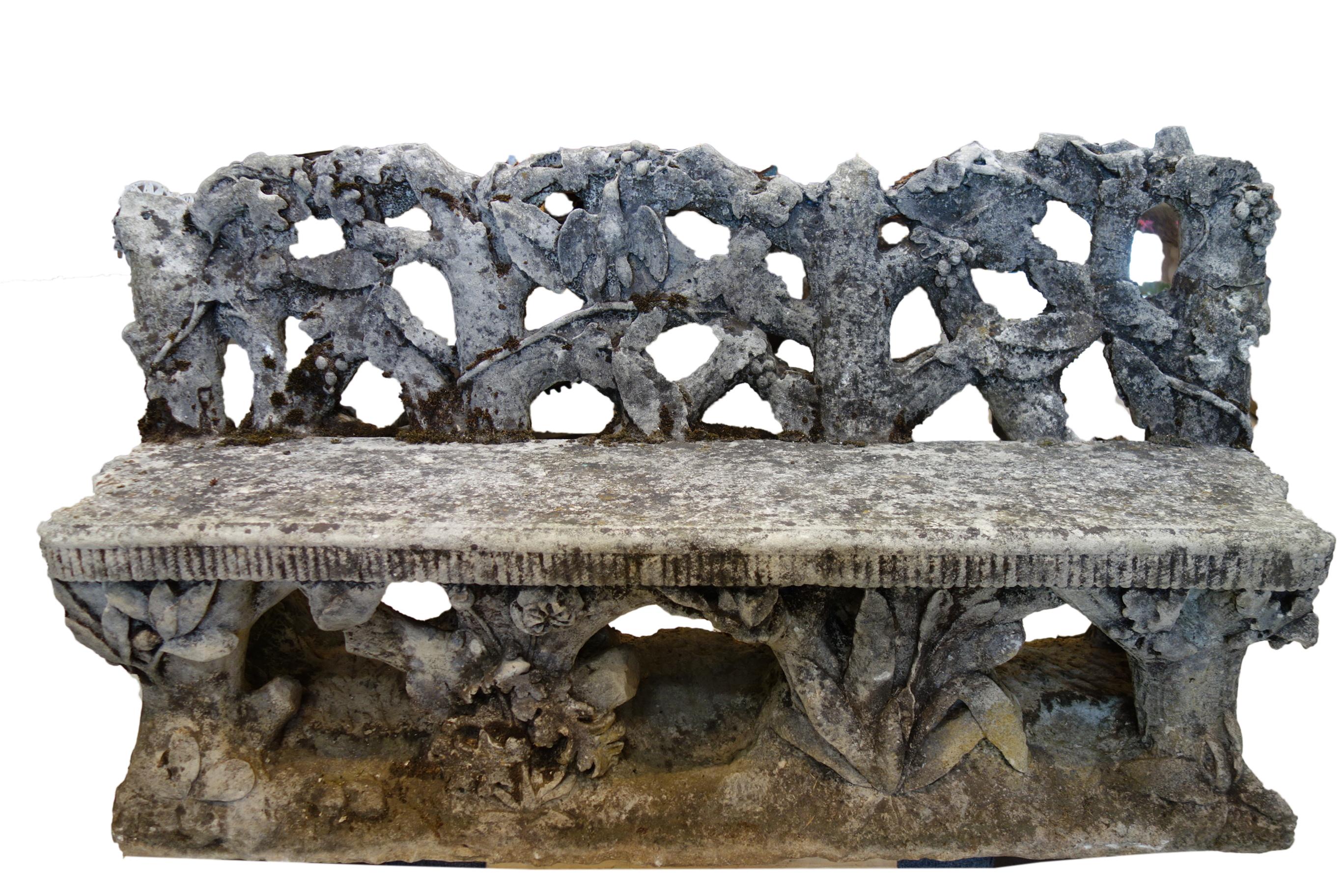 Hand-Carved Antique Art Nouveau Italian Garden Carved Stone Faux Bois Bench & Pair of Chairs