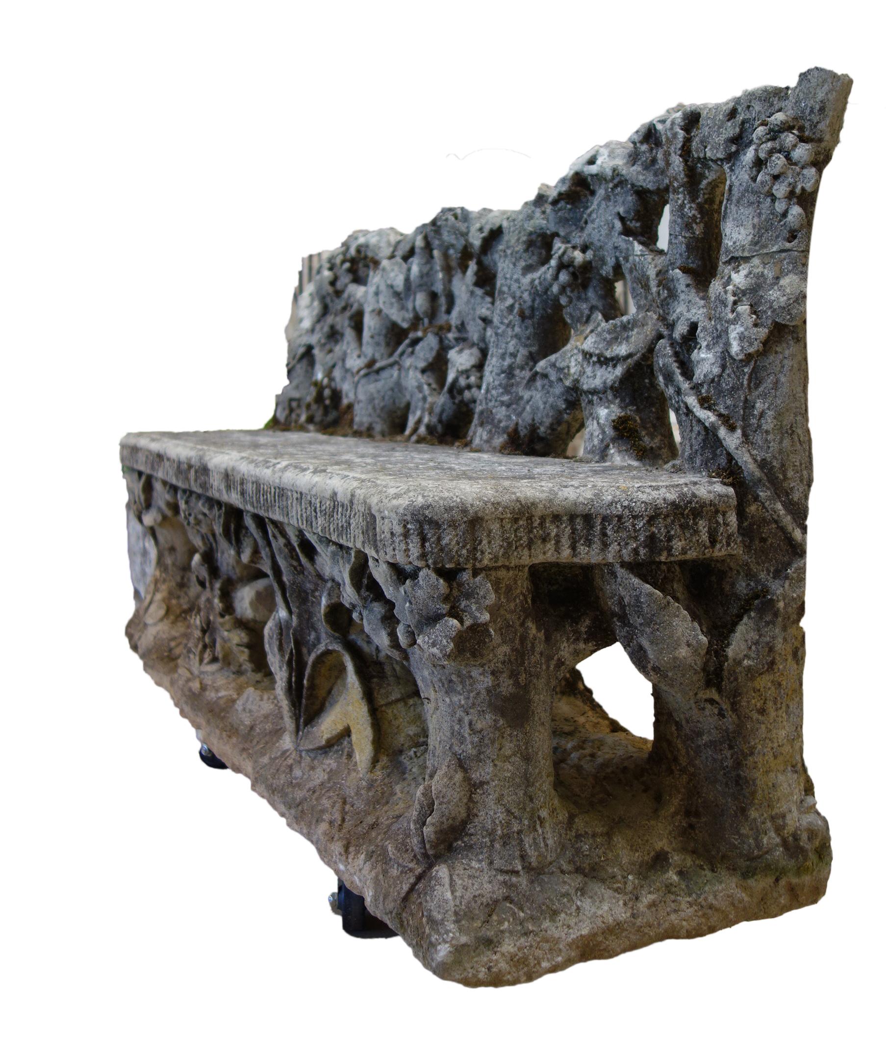 Antique Art Nouveau Italian Garden Carved Stone Faux Bois Bench & Pair of Chairs In Good Condition In Encinitas, CA