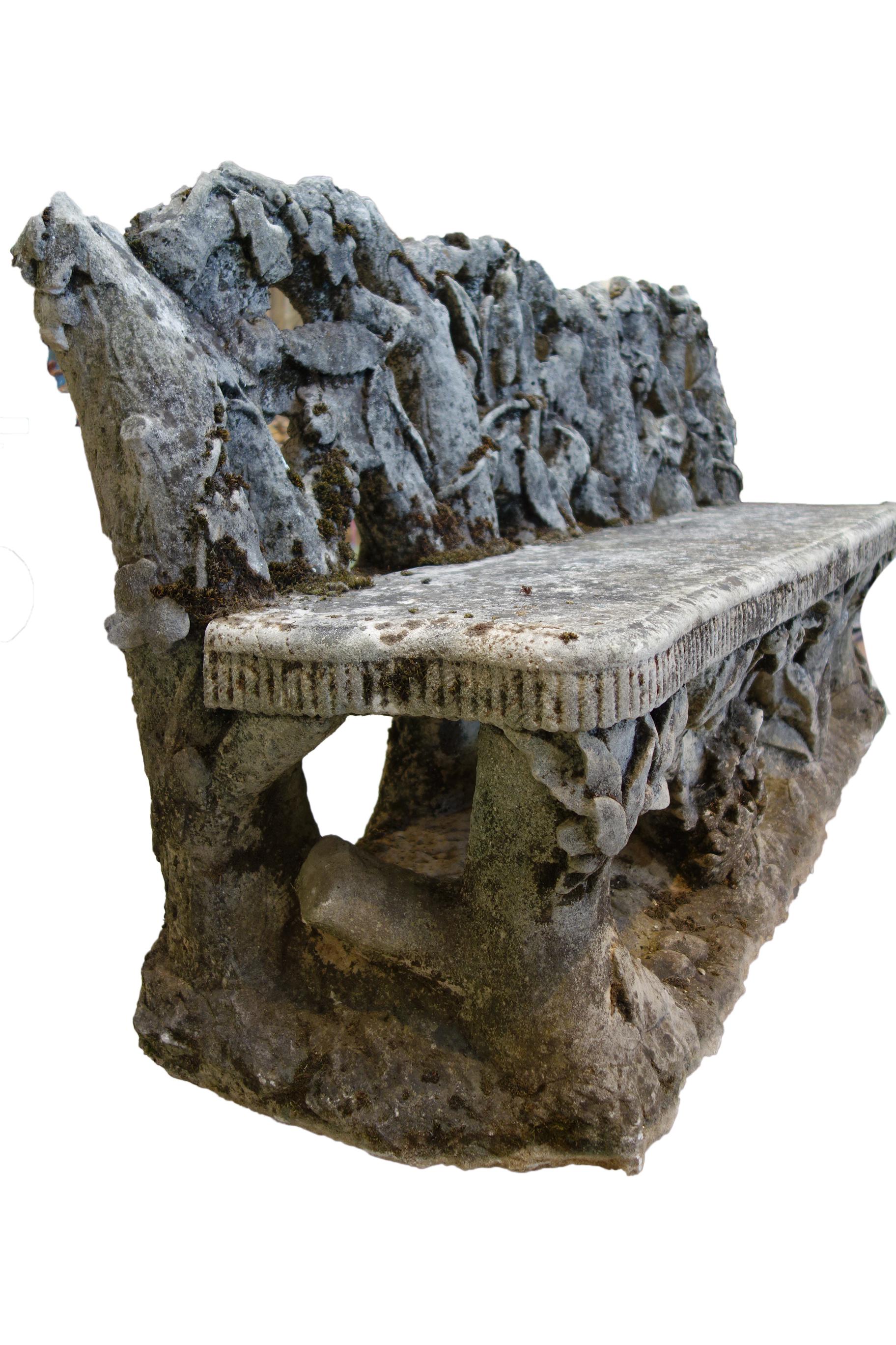 Early 20th Century Antique Art Nouveau Italian Garden Carved Stone Faux Bois Bench & Pair of Chairs