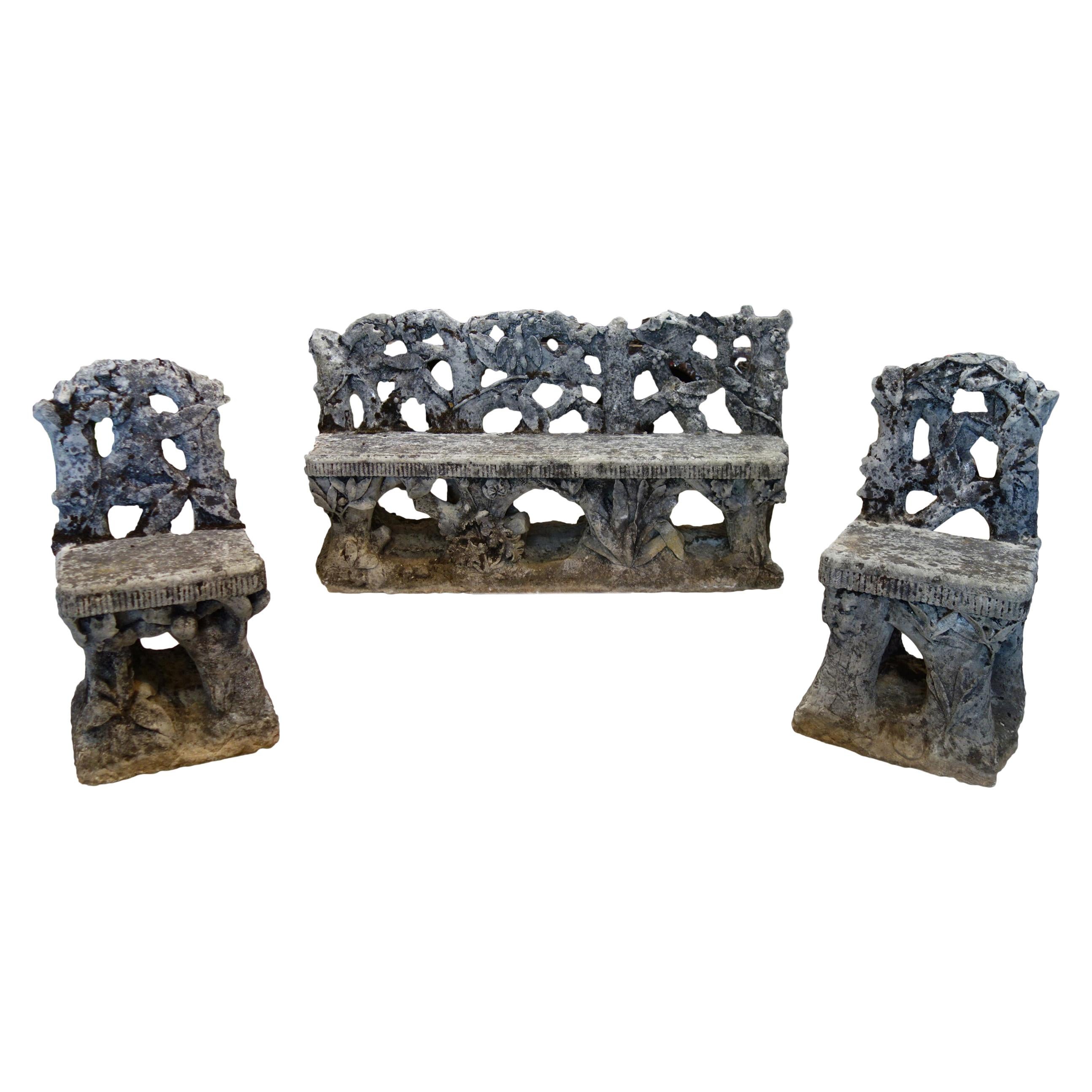 Antique Art Nouveau Italian Garden Carved Stone Faux Bois Bench & Pair of Chairs