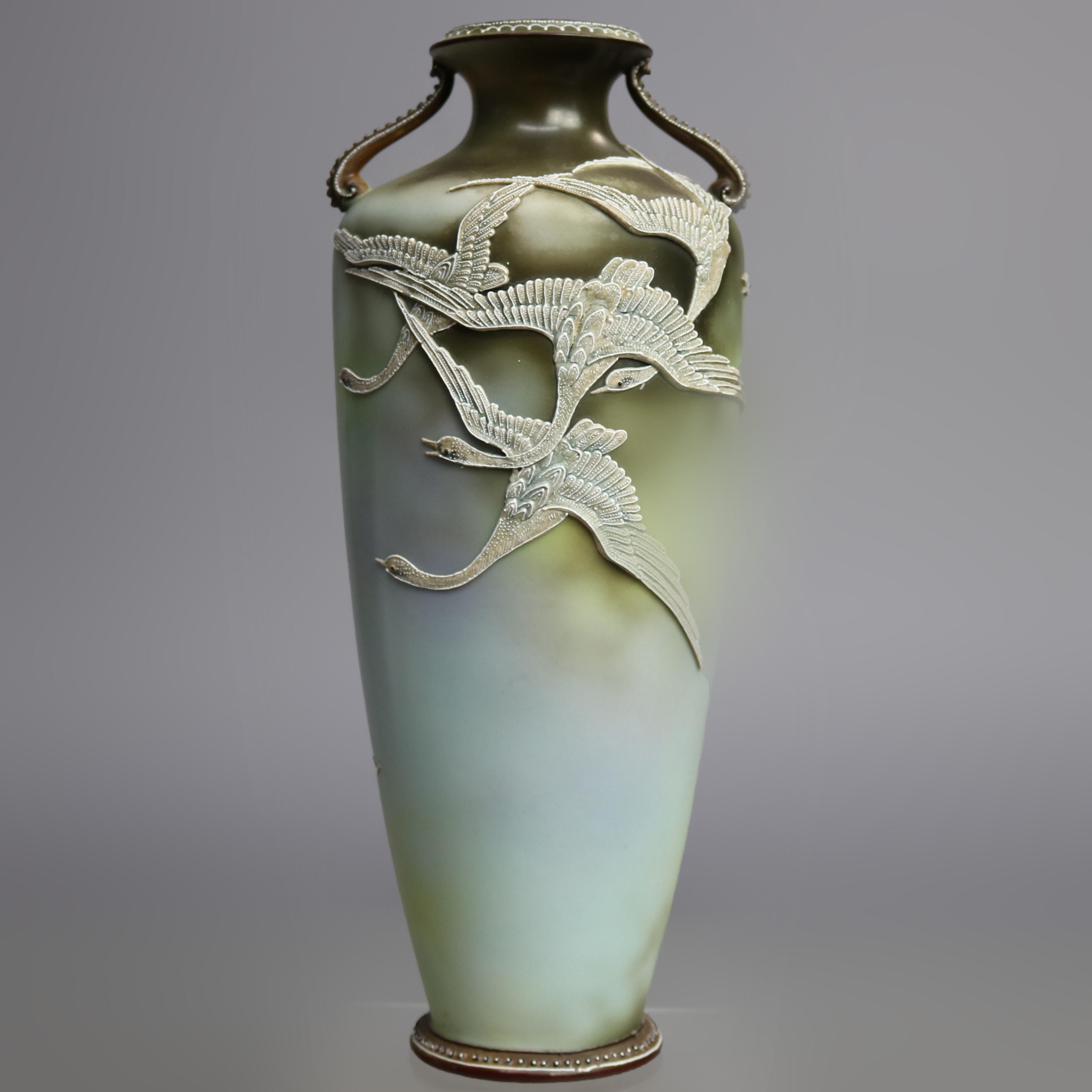Hand-Painted Antique Art Nouveau Japanese Nippon Moriage Porcelain Urn Vase with Geese