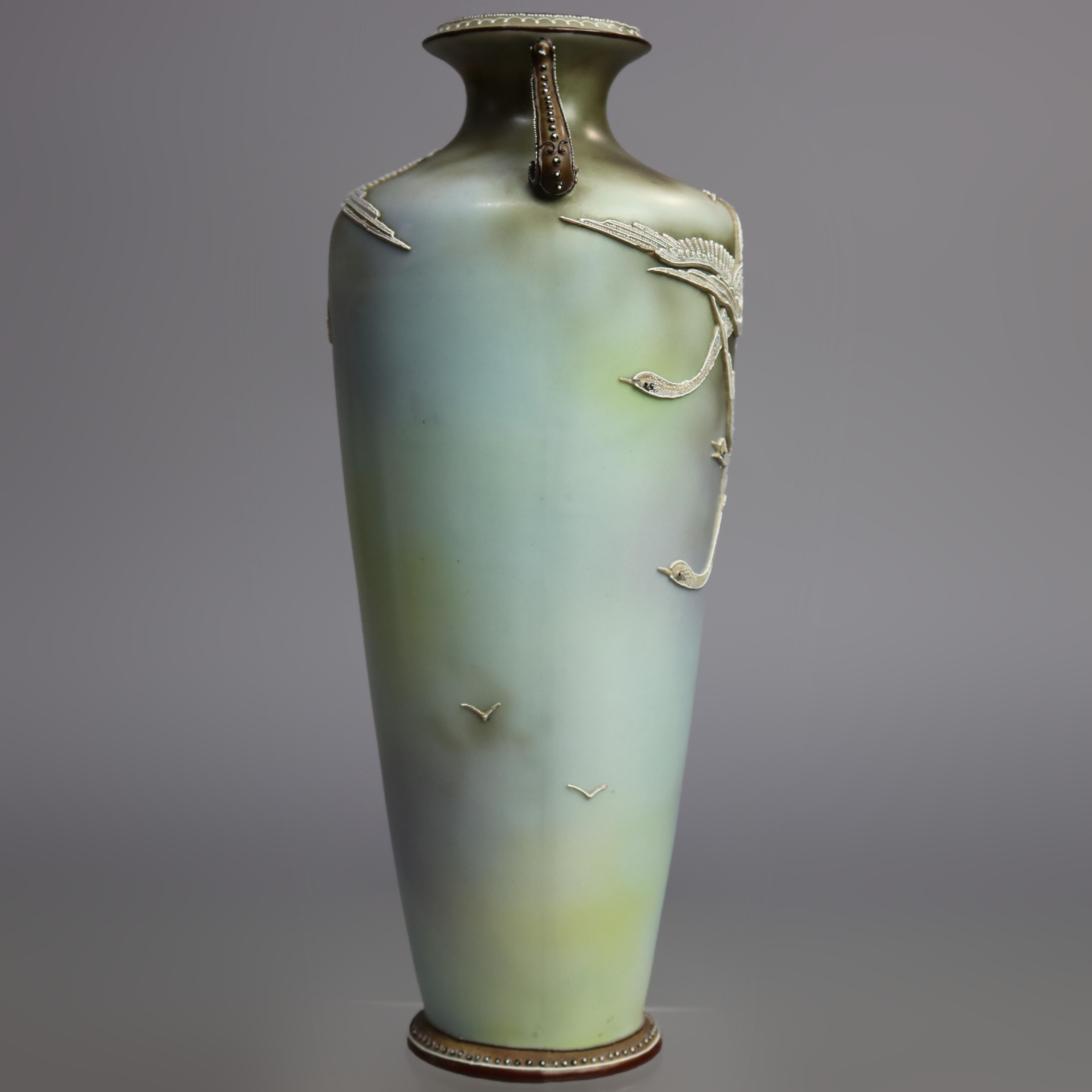 Antique Art Nouveau Japanese Nippon Moriage Porcelain Urn Vase with Geese 1