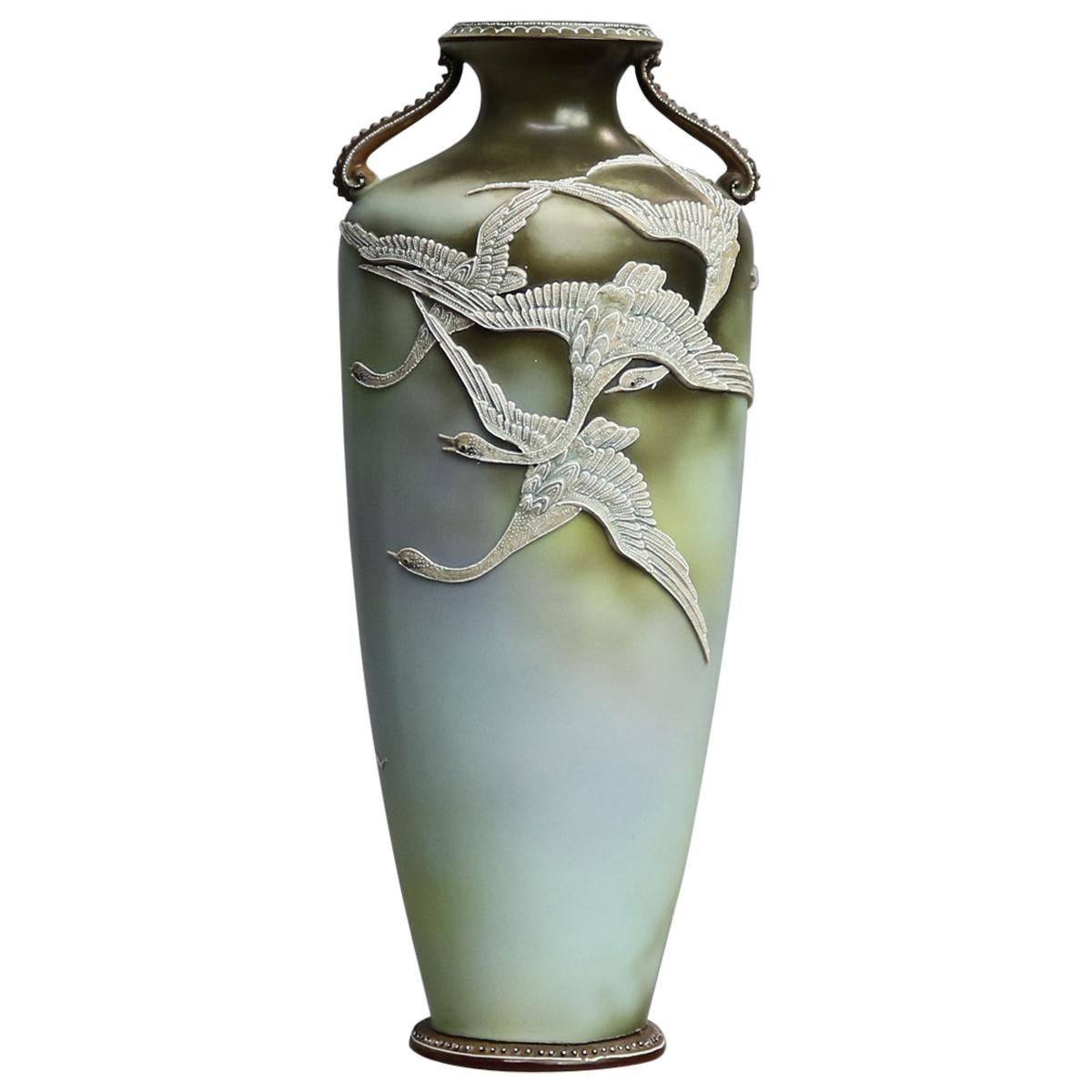 Antique Art Nouveau Japanese Nippon Moriage Porcelain Urn Vase with Geese