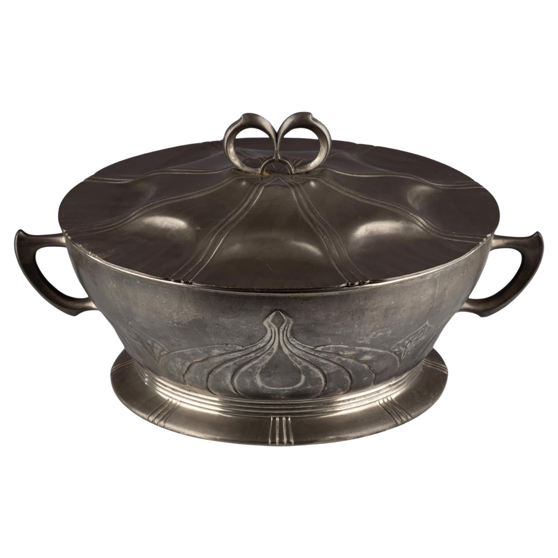 Antique Art Nouveau Jugendstil Pewter Soup Tureen Bowl For Sale