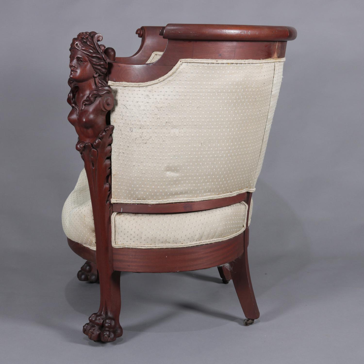 Upholstery Antique Art Nouveau Karpen Figural Carved Mahogany Canapé Two-Piece Parlor Set
