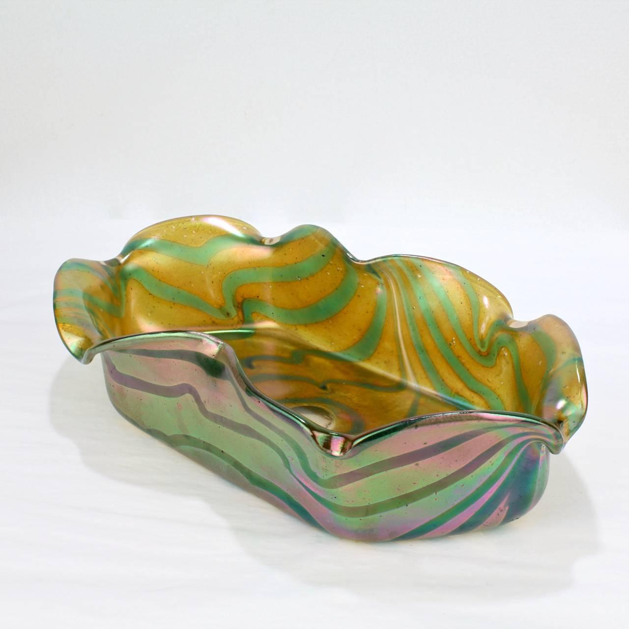 20th Century Antique Art Nouveau Kralik Glassworks Loetz Type Aqua on Gold Art Glass Bowl