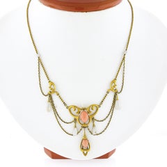 Antique Art Nouveau Krementz 18K Gold Coral & Freshwater Pearl Swag Necklace