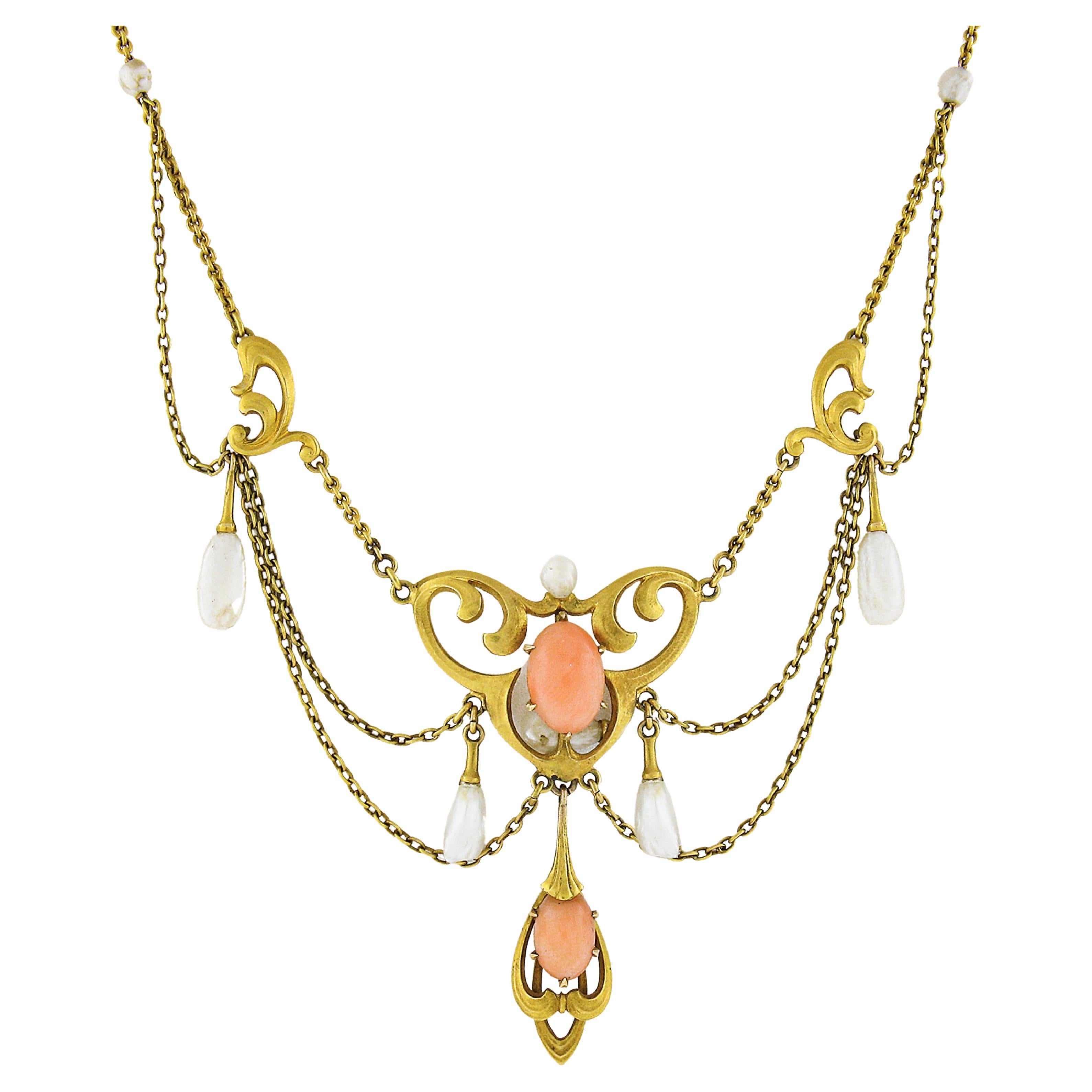 Antique Art Nouveau Krementz 14K Gold Coral & Freshwater Pearl Swag Necklace For Sale