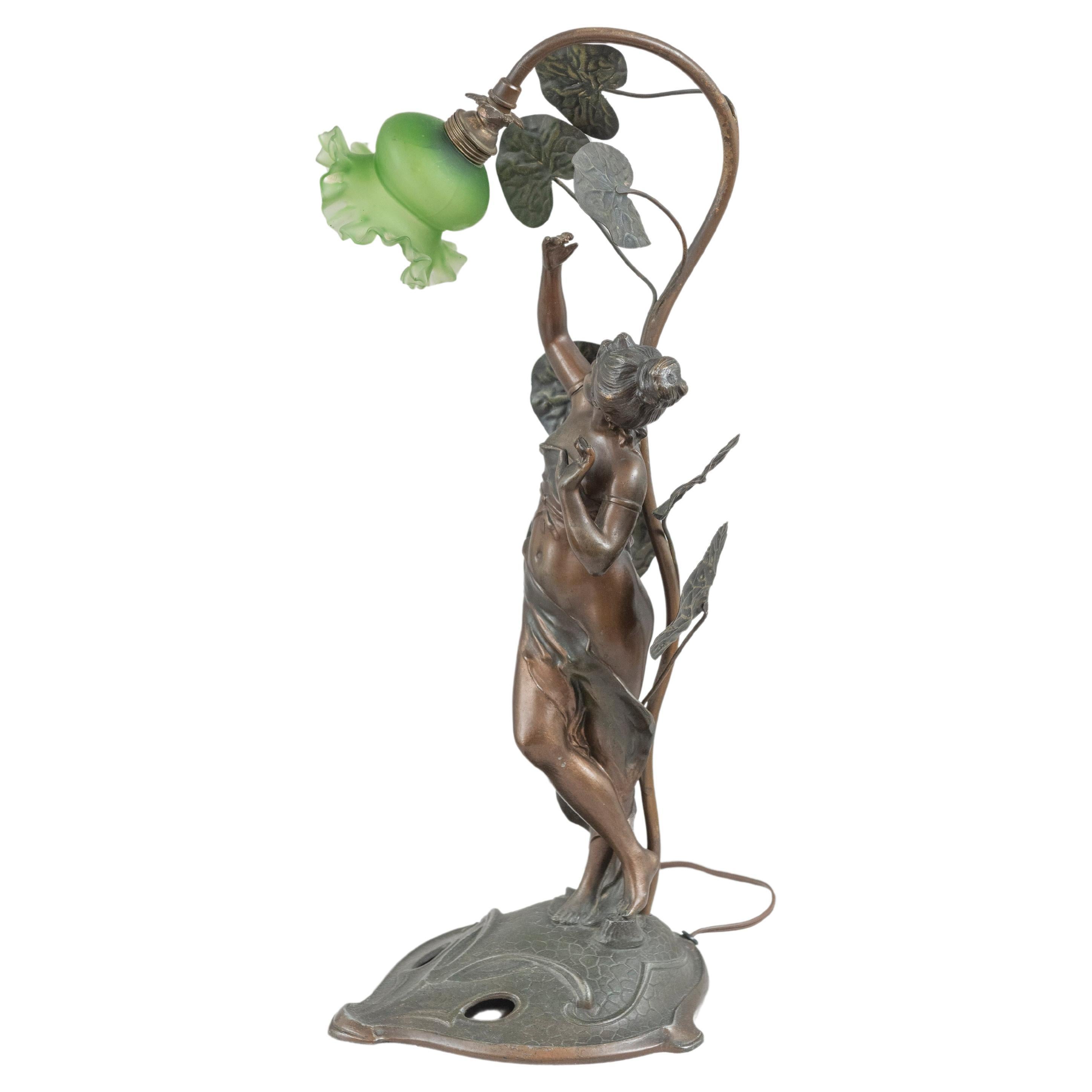 Antique Art Nouveau Lamp, Maiden under Foliage W/ Original Green Shade, c1910