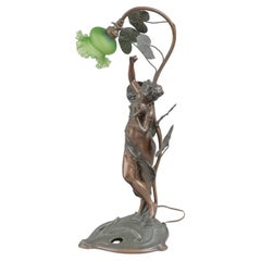 Antique Art Nouveau Lamp, Maiden under Foliage W/ Original Green Shade, c1910