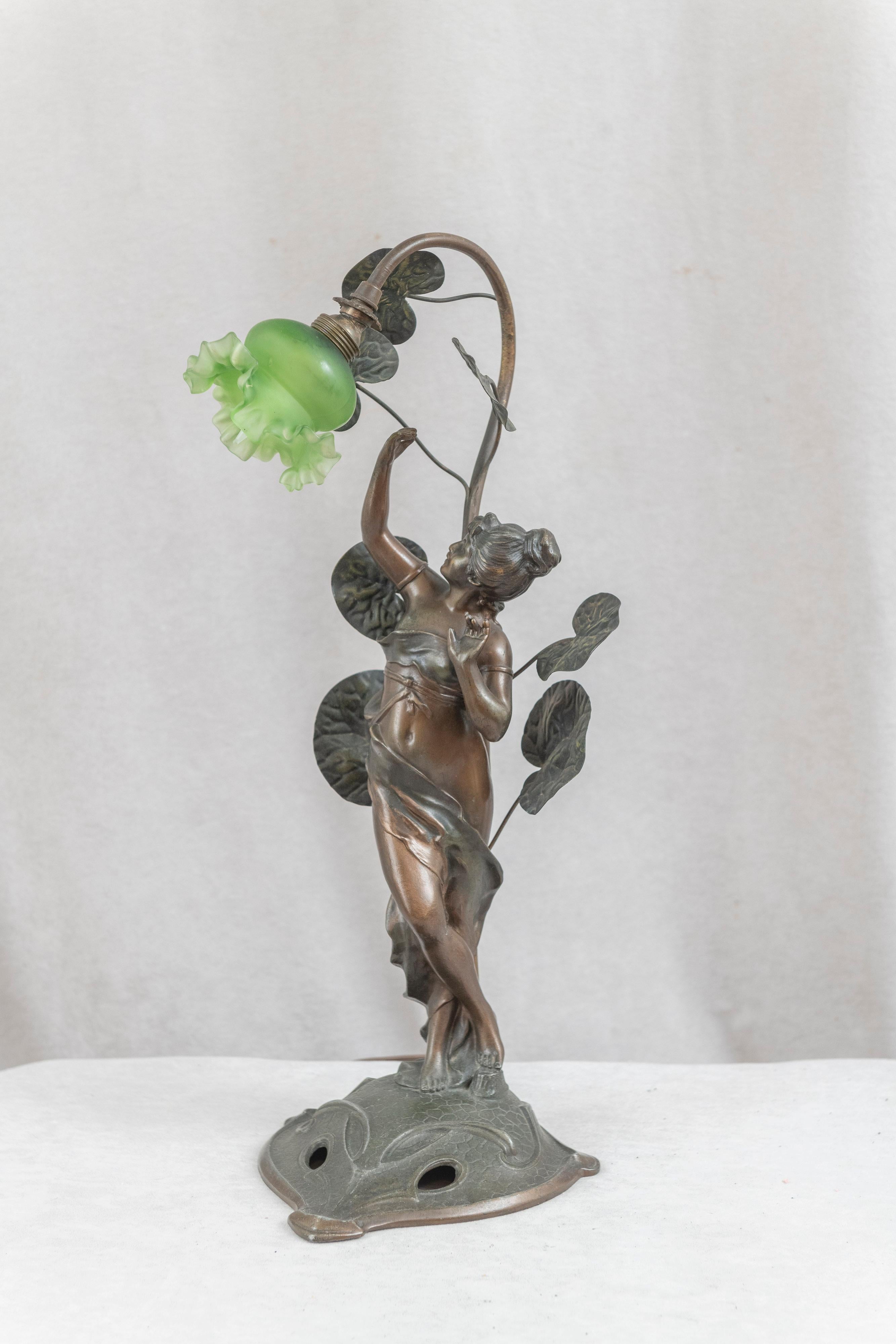 Antique Art Nouveau Lamp, Maiden under Foliage W/ Original Green Shade, c1910 3