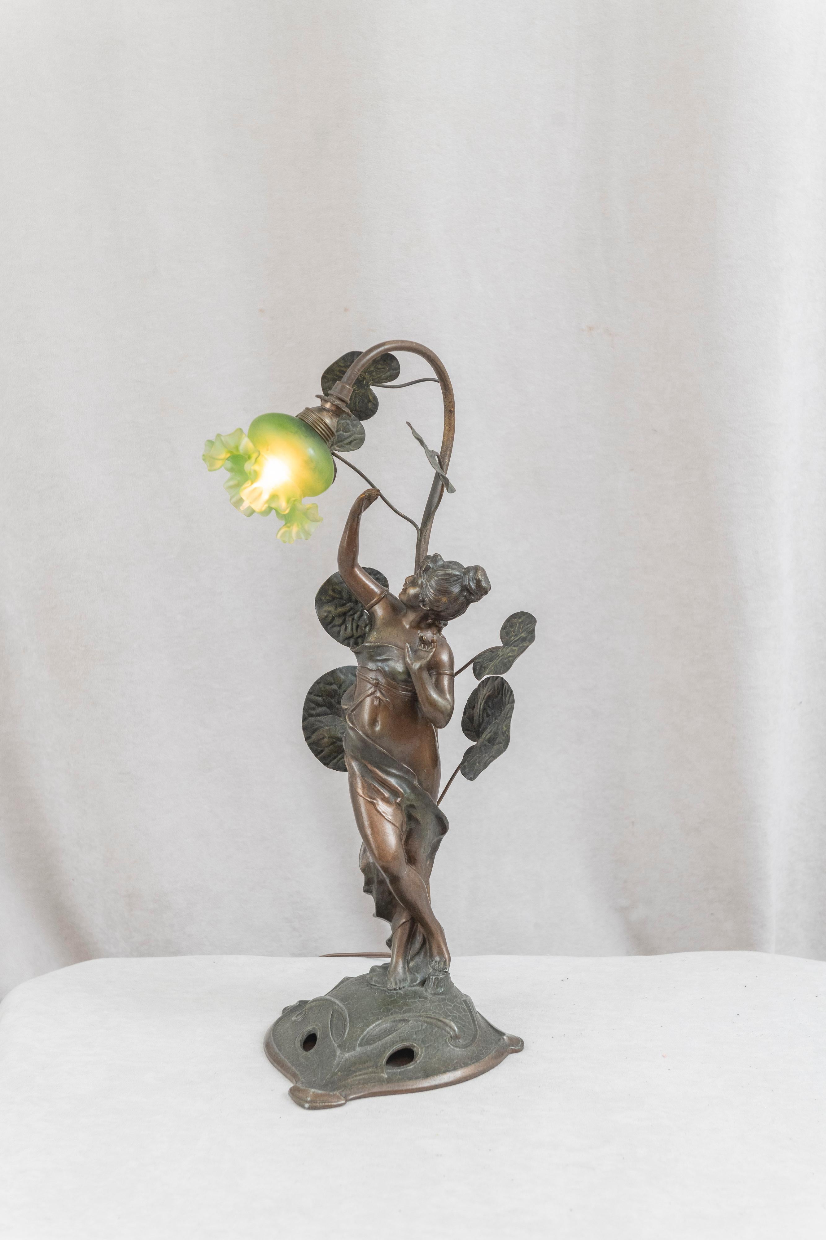 Antique Art Nouveau Lamp, Maiden under Foliage W/ Original Green Shade, c1910 4