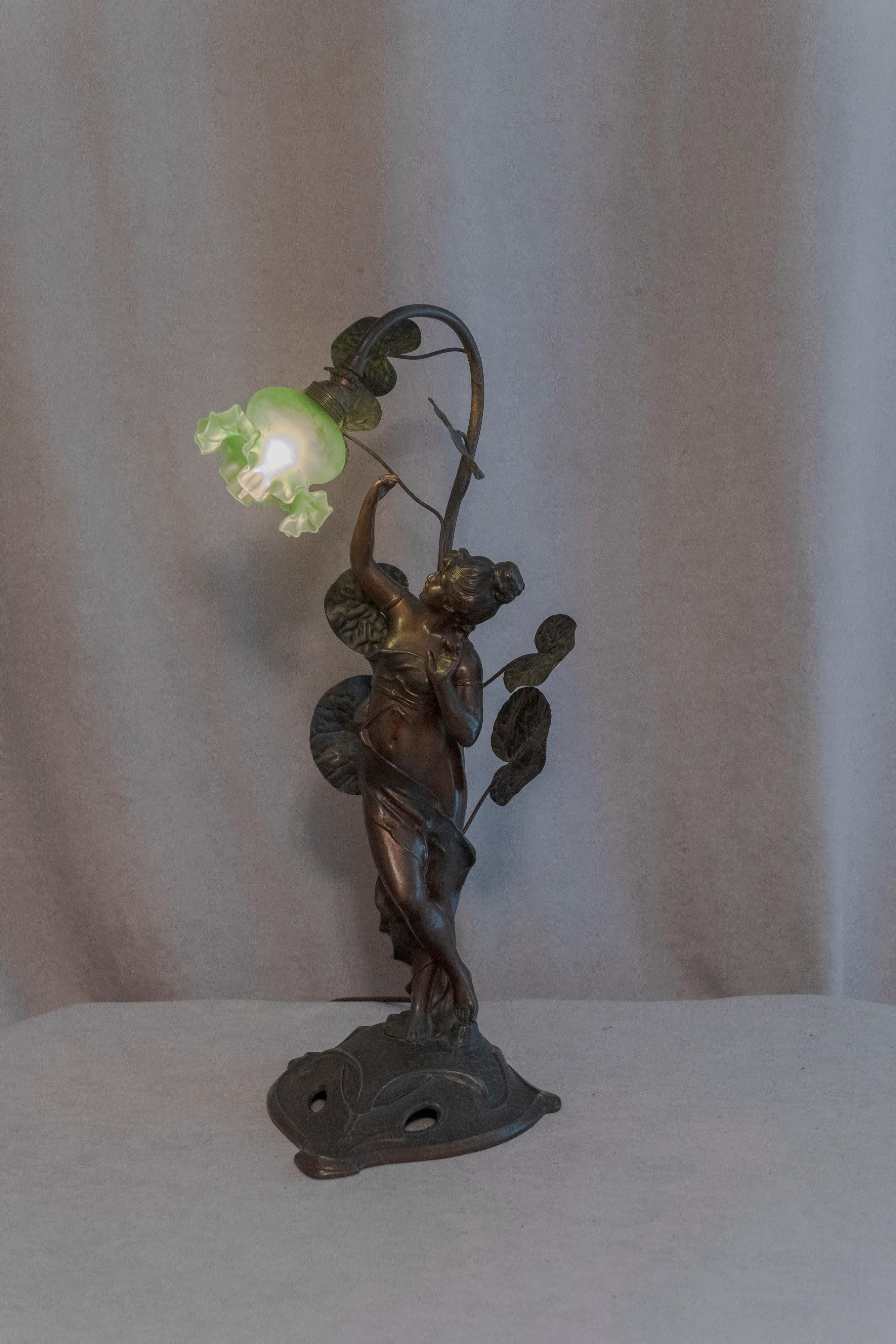 Antique Art Nouveau Lamp, Maiden under Foliage W/ Original Green Shade, c1910 5