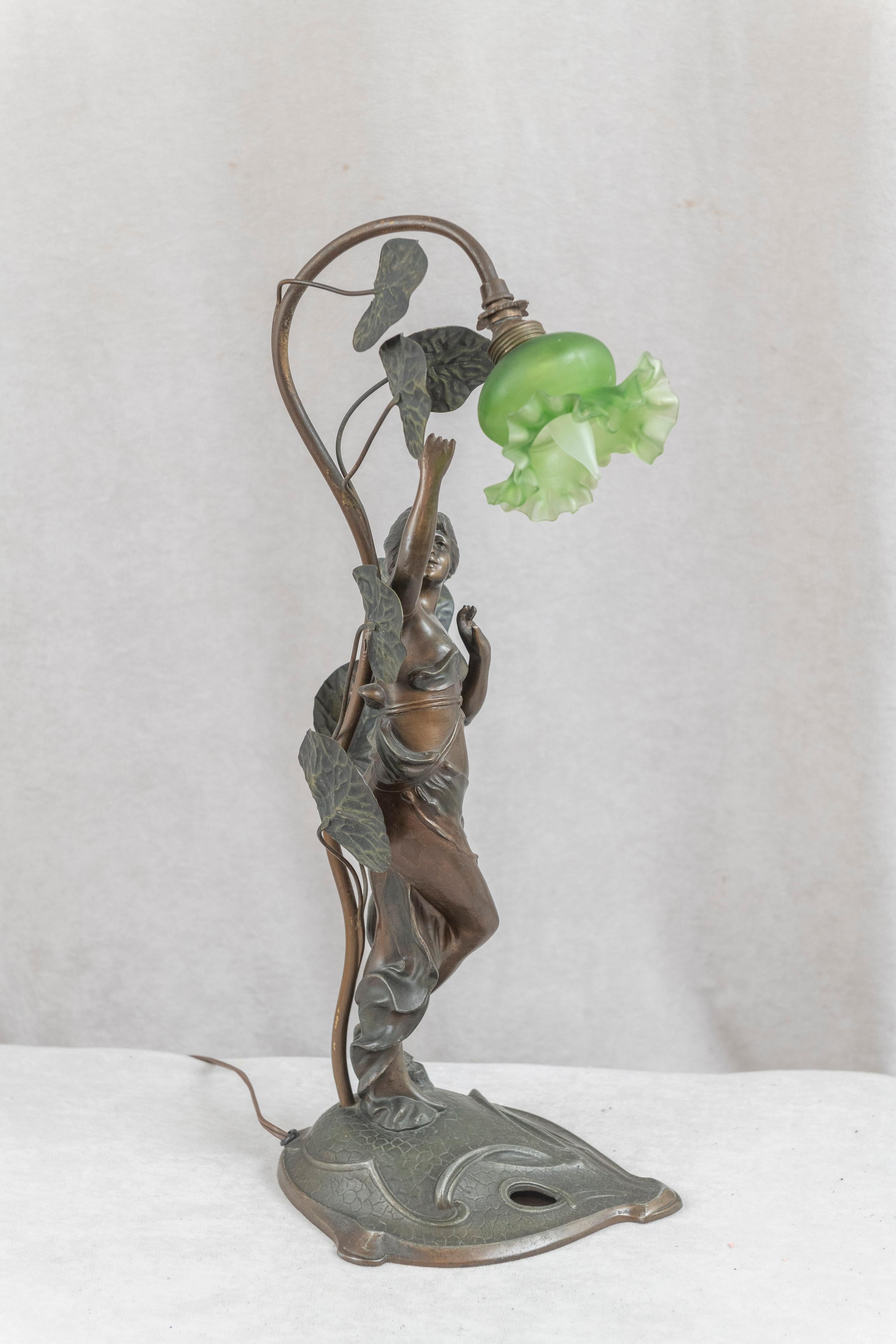 French Antique Art Nouveau Lamp, Maiden under Foliage W/ Original Green Shade, c1910