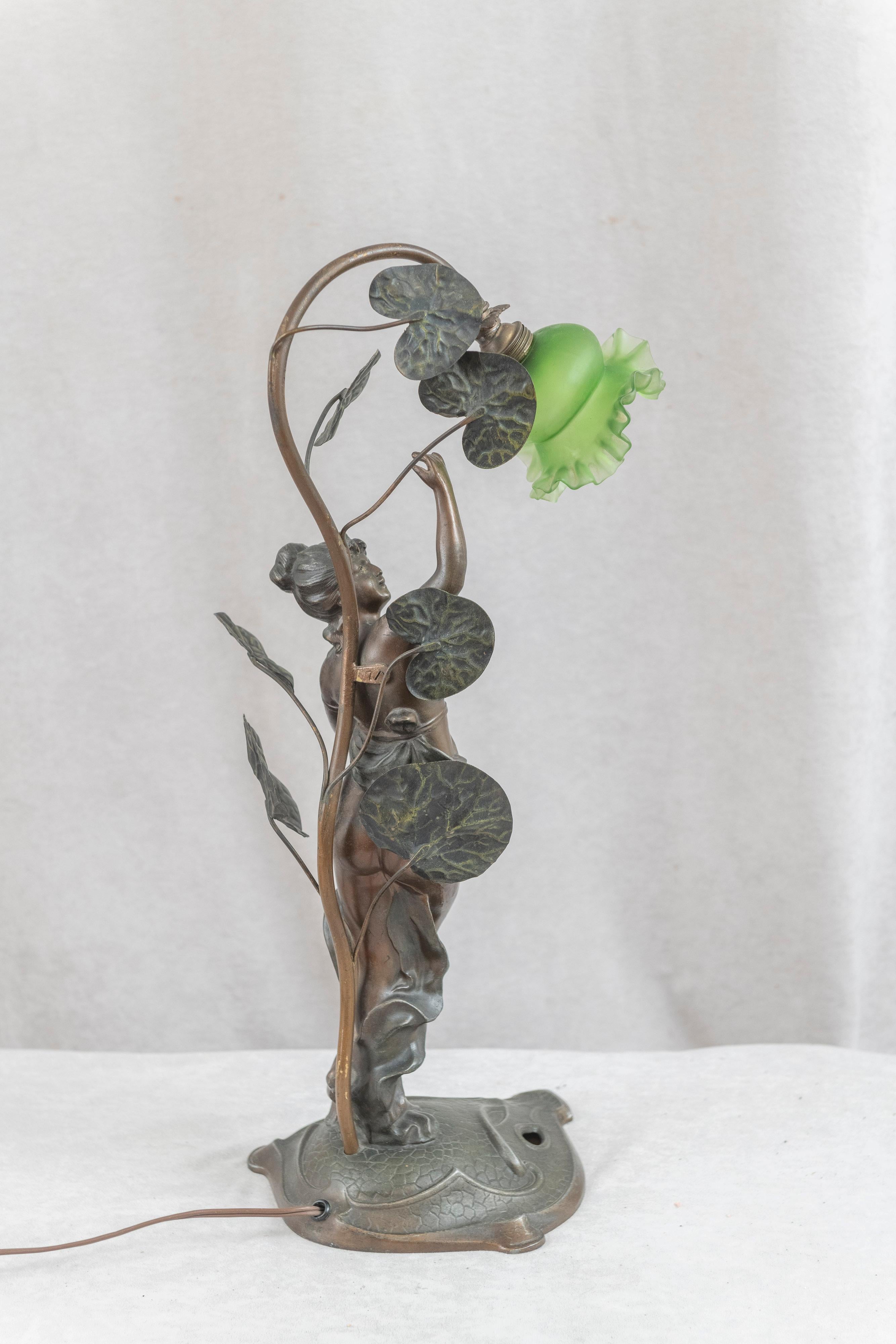 Cast Antique Art Nouveau Lamp, Maiden under Foliage W/ Original Green Shade, c1910