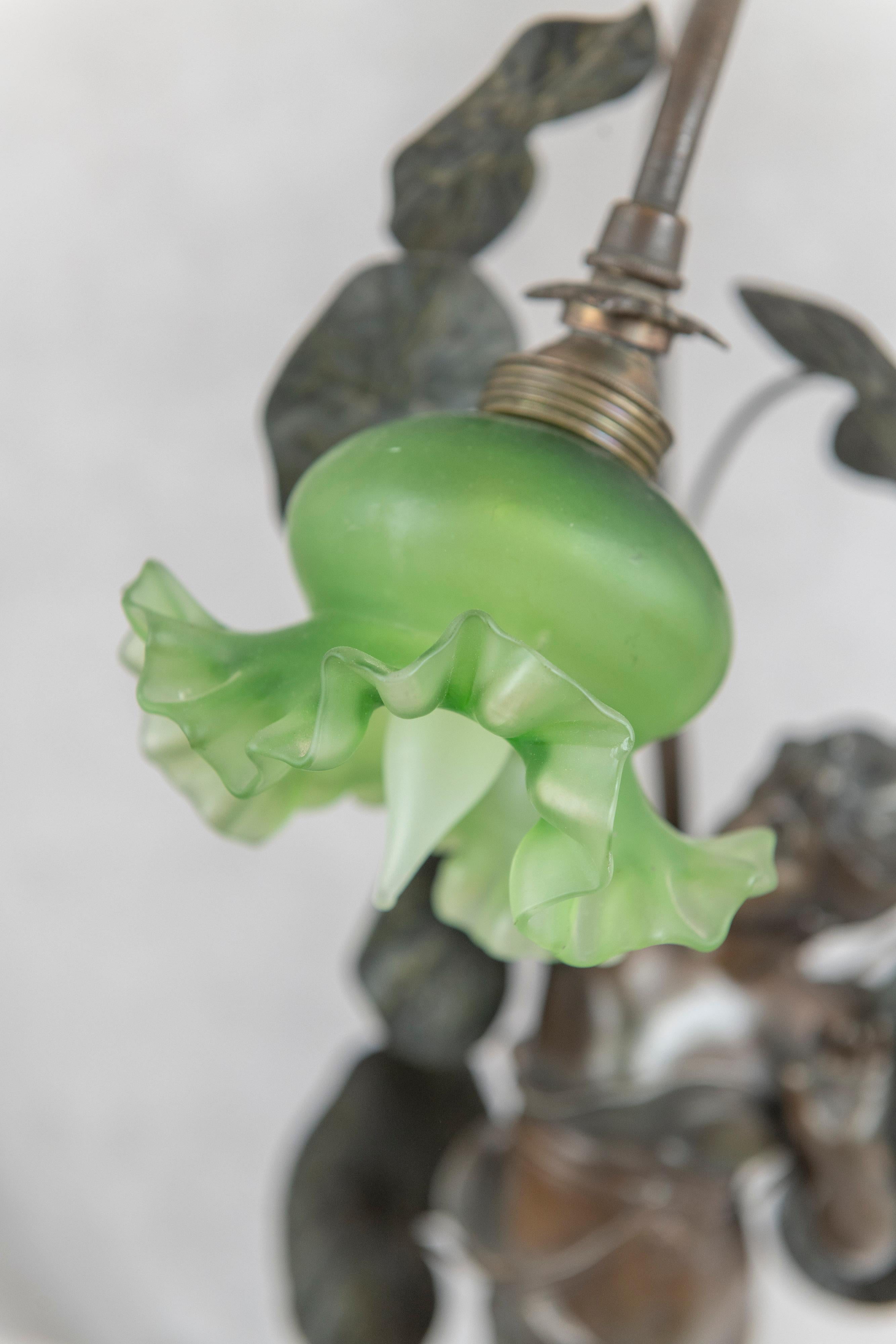 20th Century Antique Art Nouveau Lamp, Maiden under Foliage W/ Original Green Shade, c1910