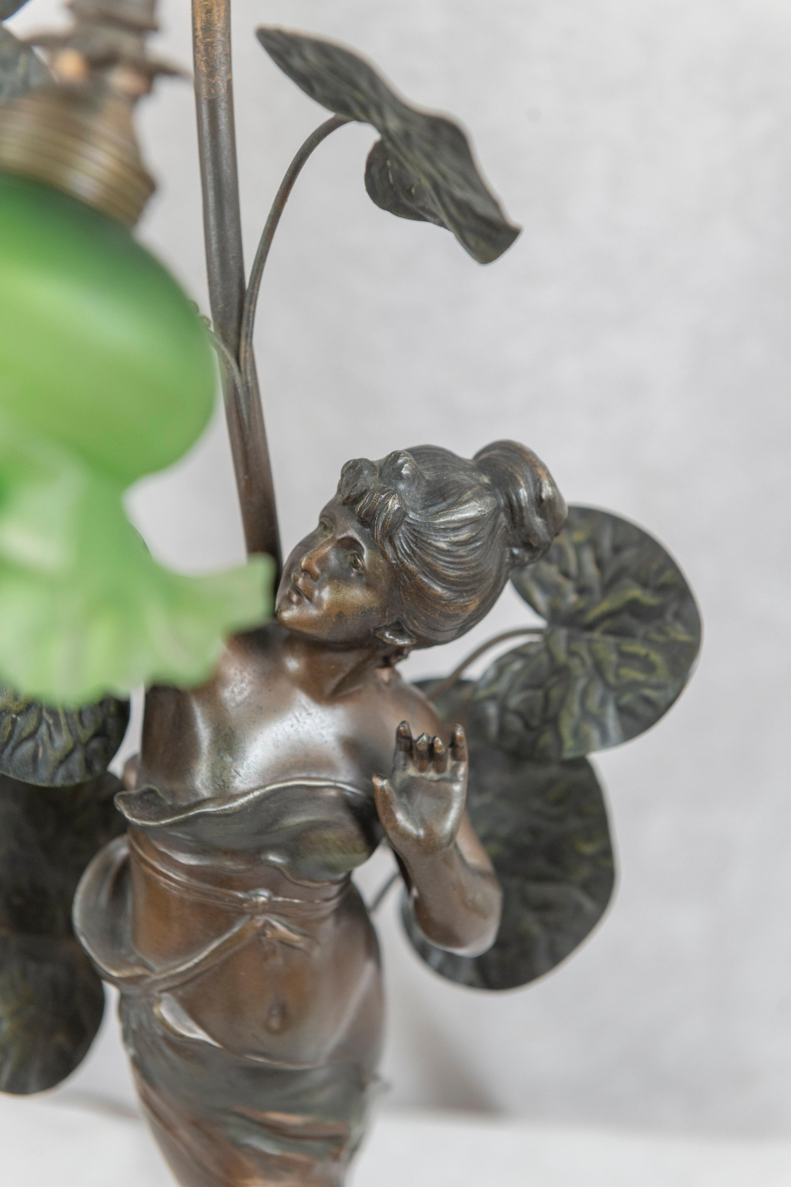 Metal Antique Art Nouveau Lamp, Maiden under Foliage W/ Original Green Shade, c1910