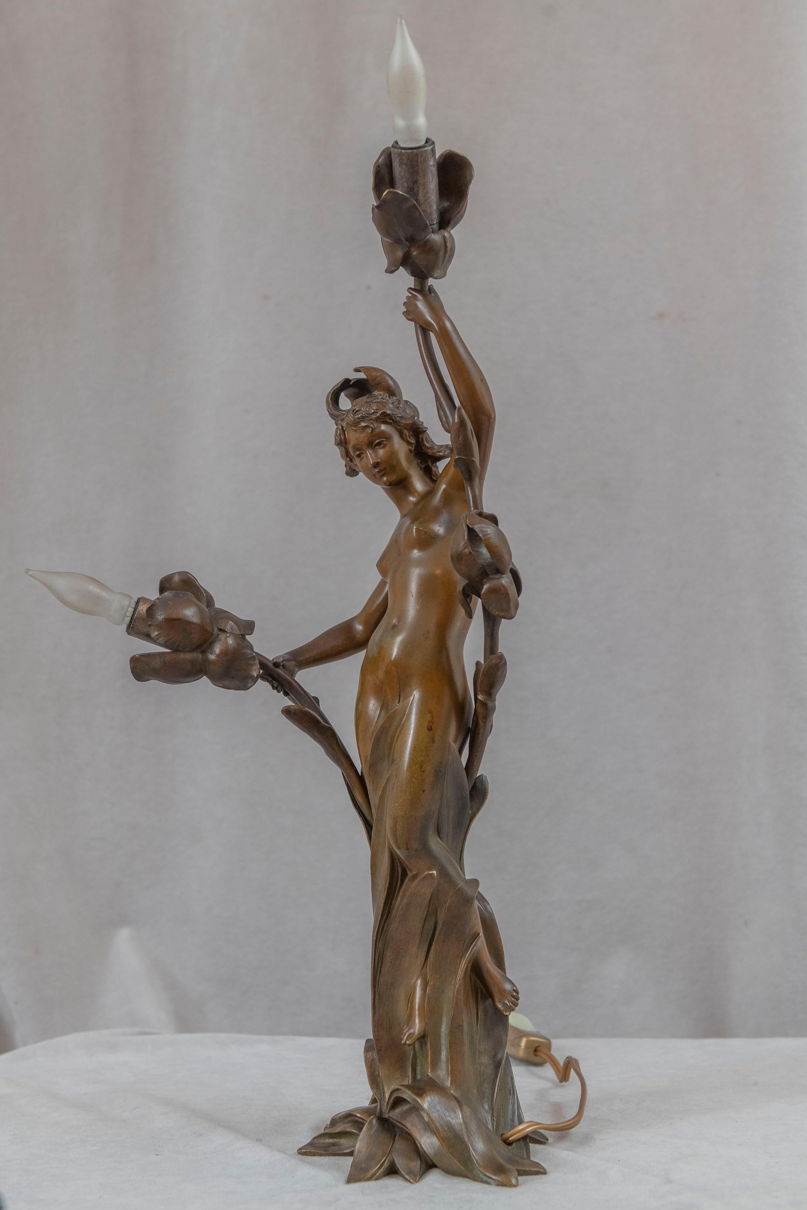 Antique Art Nouveau Lamp w/Partially Nude Woman, Jean-Baptiste Germain, French For Sale 8