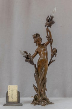 Antique Art Nouveau Lamp w/Partially Nude Woman, Jean-Baptiste Germain, French