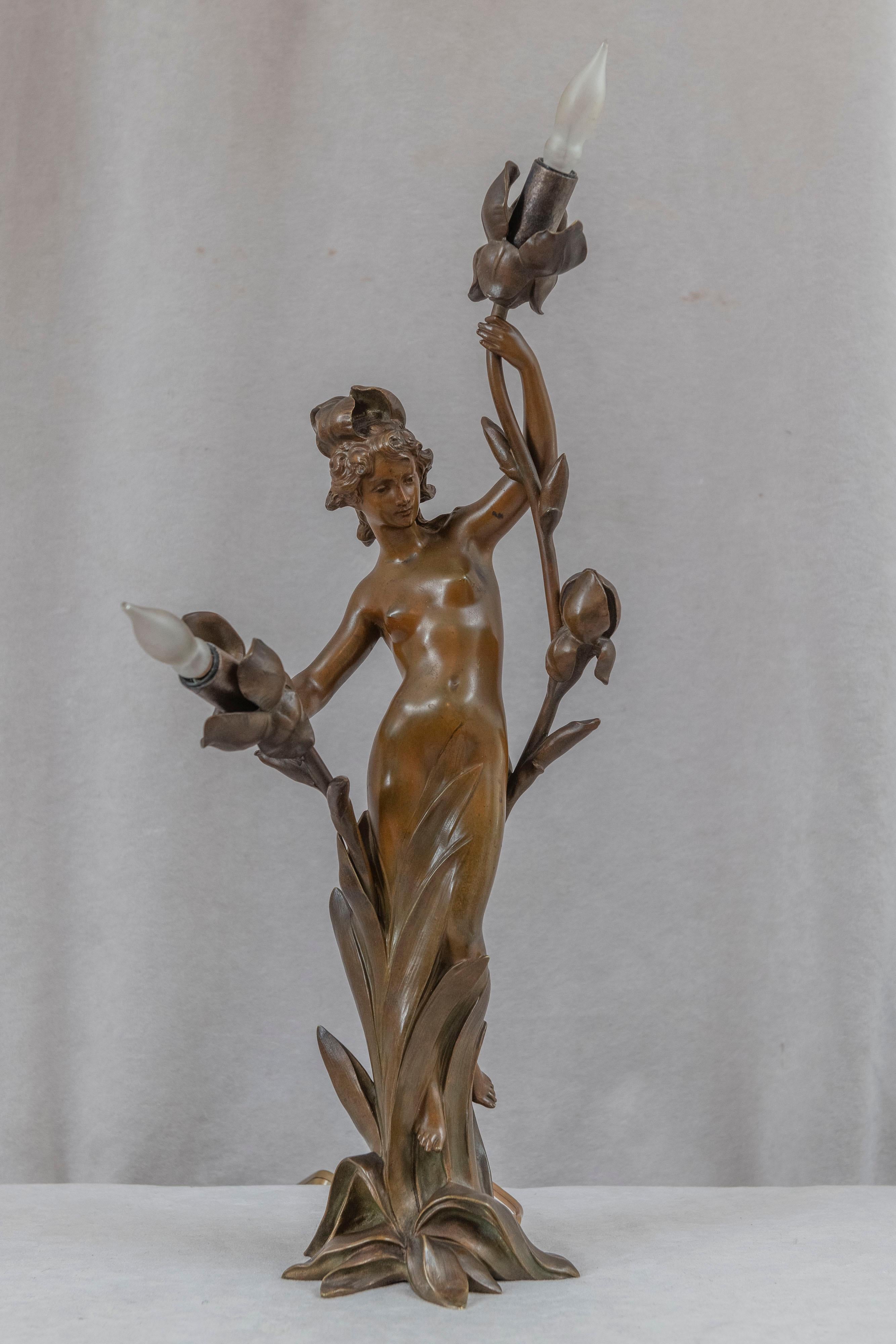 Cast Antique Art Nouveau Lamp w/Partially Nude Woman, Jean-Baptiste Germain, French For Sale