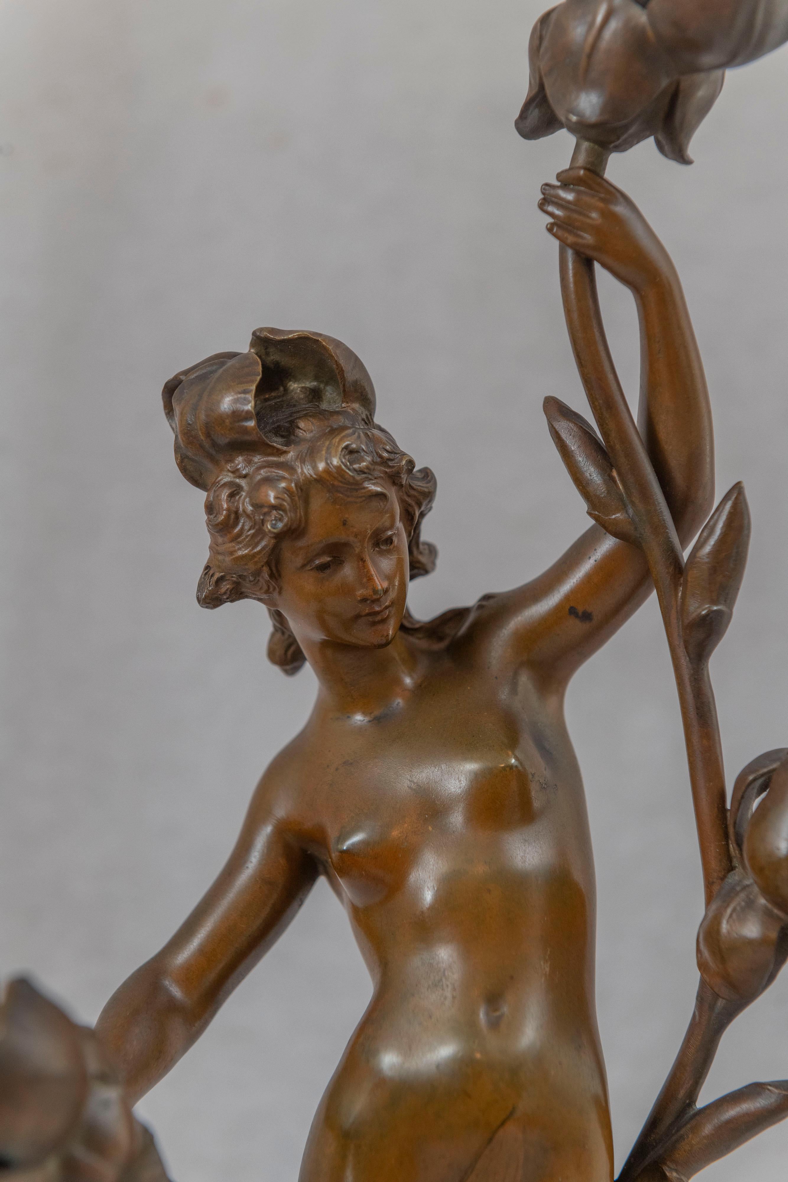Antique Art Nouveau Lamp w/Partially Nude Woman, Jean-Baptiste Germain, French In Good Condition For Sale In Petaluma, CA