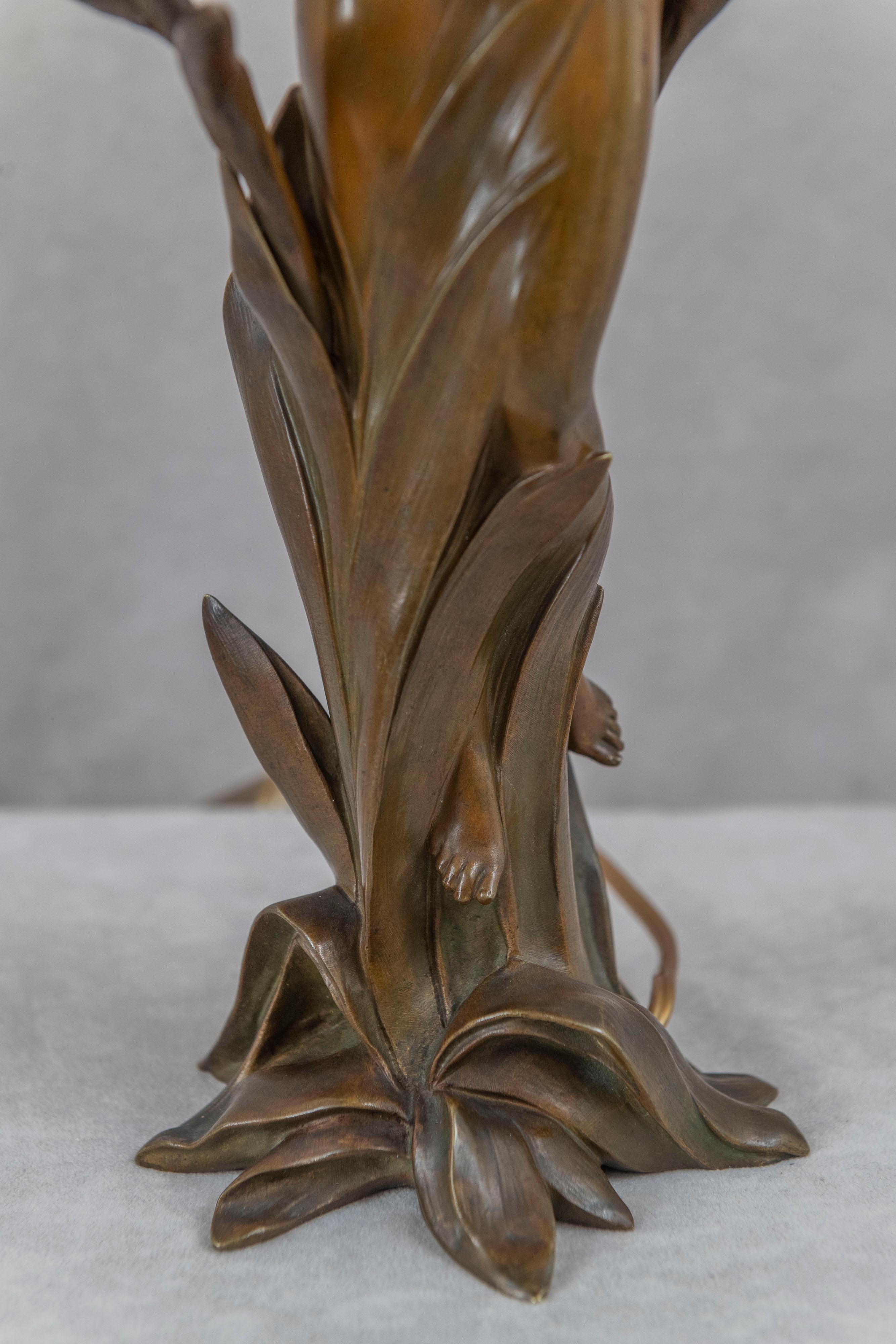 Bronze Antique Art Nouveau Lamp w/Partially Nude Woman, Jean-Baptiste Germain, French For Sale