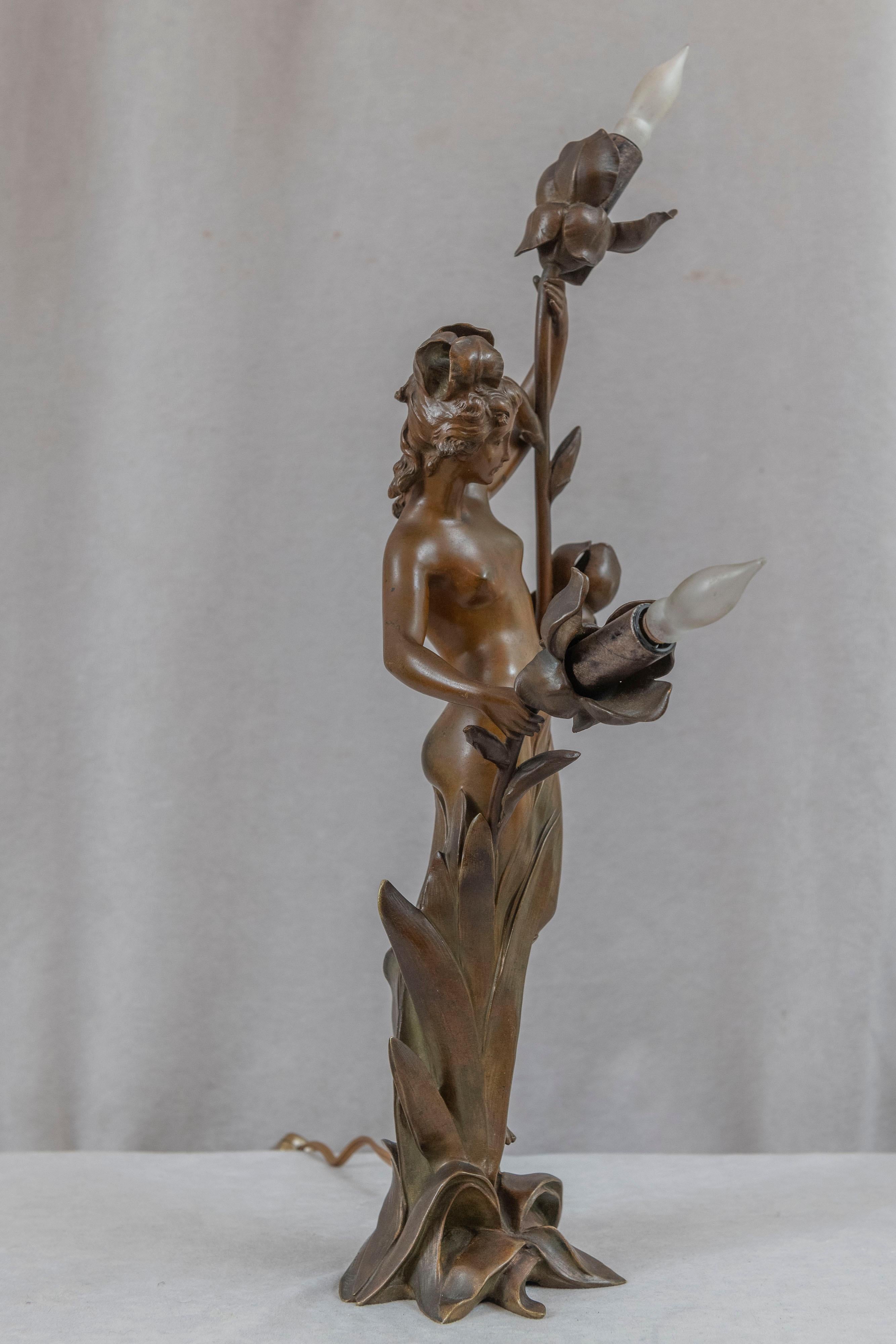 Antique Art Nouveau Lamp w/Partially Nude Woman, Jean-Baptiste Germain, French For Sale 3