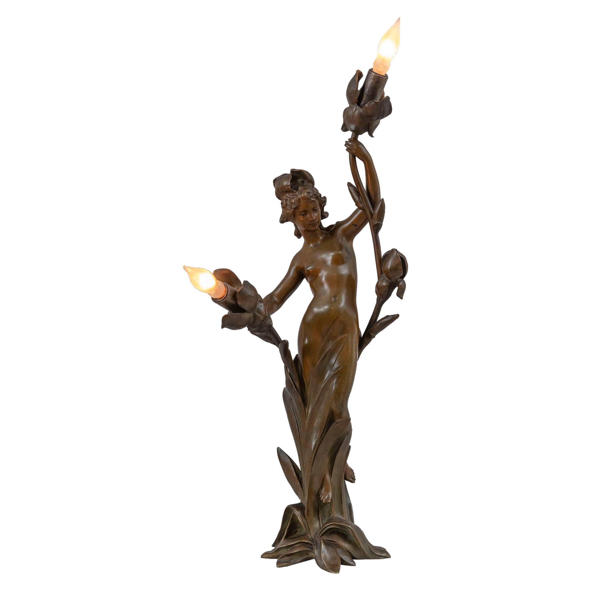 Lampe Art nouveau ancienne avec femme partiellement nue, Jean-Baptiste Germain, France