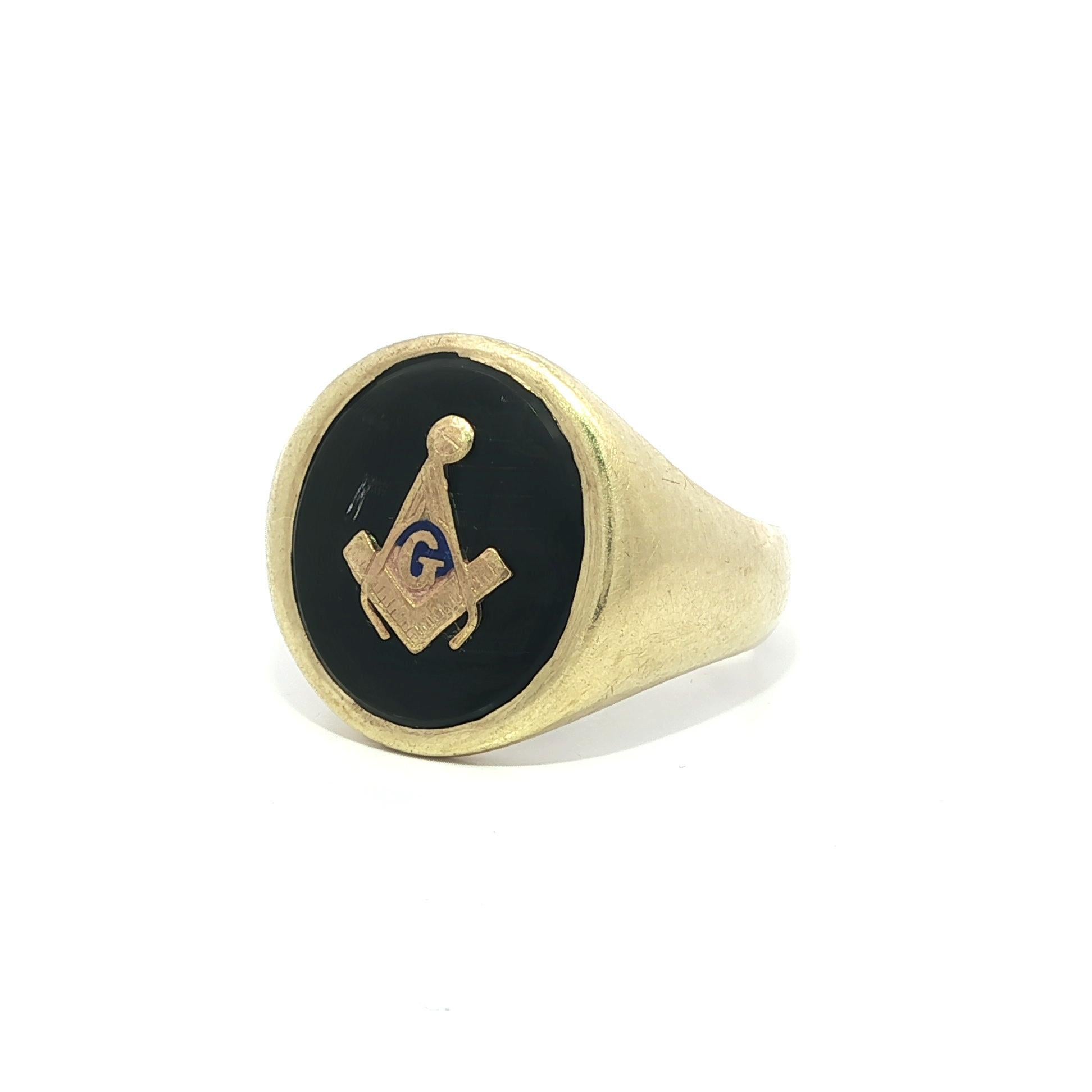 Anello massonico Larter & Sons in oro giallo 14k con onice nero, antico Art Nouveau In condizioni buone in vendita a Montclair, NJ